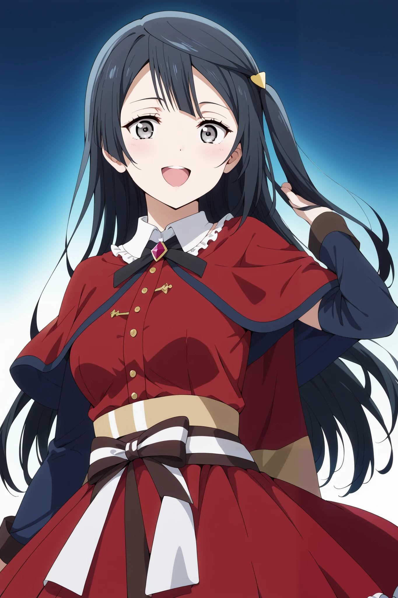 score_9, score_8_up, score_7_up, source_anime, 4K,perfect fingers,(perfect hands, perfect anatomy),prefect lighting, very aesthetic, intricate details,highly detailed background, masterpiece, high quality, best quality,
1girl, setsuna yuuki, yuuki setsuna (love live!), long hair, bangs, black hair, sidelocks, grey eyes, one side up, hair ornament, Large Breast,,
wearing ((detached collar,capelet,)),,
((white plain background)), front view, looking at viewer, excited,