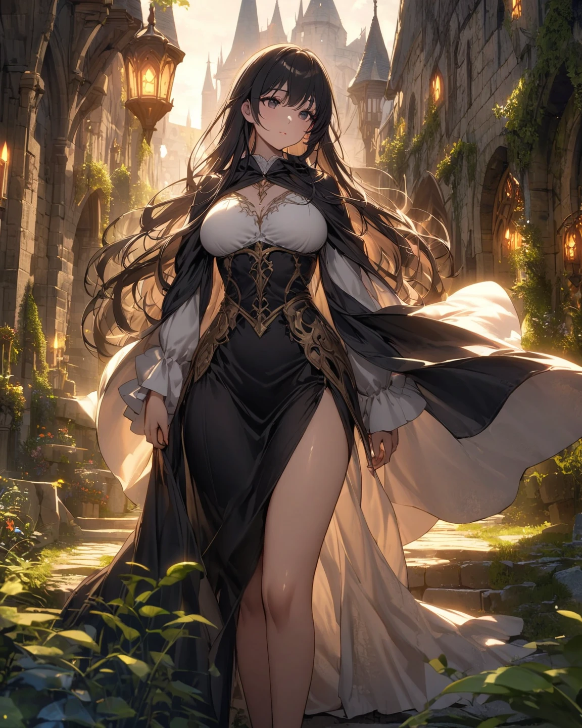 (top quality, masterpiece, high quality, ultra-delicate), ((beautiful girl)), (((adult)), ((Pure Dark black hair)), mature, graceful curves, ((long hair, long bangs)), ((bright green eyes)), ((detailed eyes)), nose, bangs, black collar, ((Revealing Black Dress)), V neck, seductive, standing casual ribbon, charm, shoulderless dress, fashion, thick thighs, green earrings, Good Lighting, Sunset, full body.