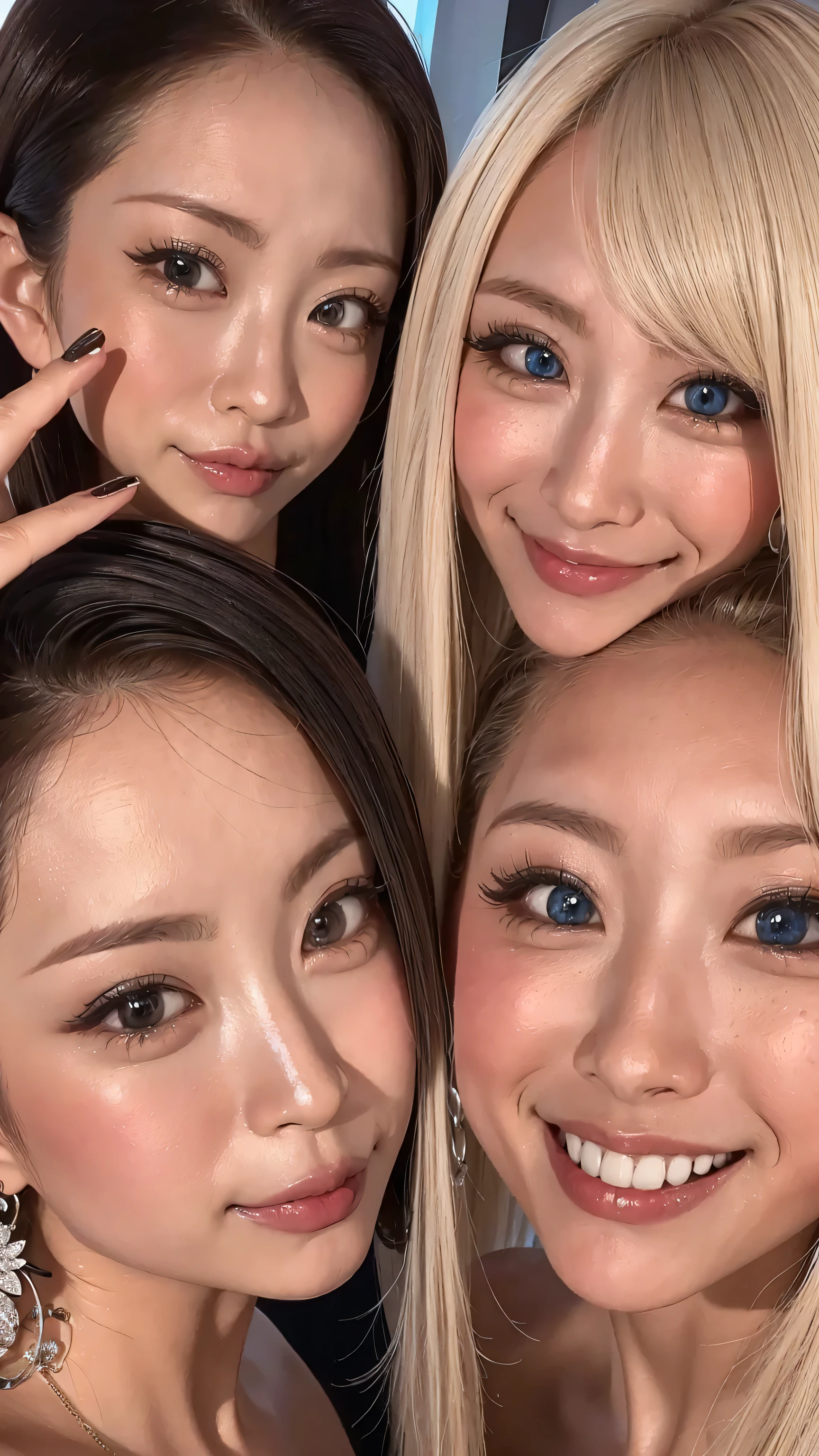 8k,high image quality、 has a clear face、 has a clear face 、I want to make each part beautiful、smile close-up ultra clear 、 eyes match 、staring at me、 I'm looking at close-ups。My Face 、 すべての eyes match、 、I want to get close to beautiful women nearby 、 ,Look at me with a smile , beautiful platinum colored hair 、 pose 、 4 beautiful women looking at me、 I'm watching in close-up、I want to make eye contact with everyone, my lips are sticking out