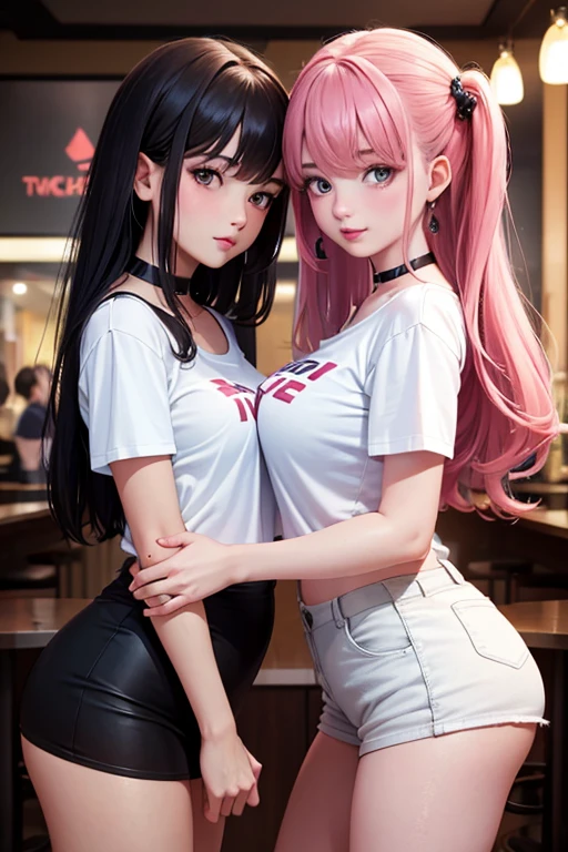 (masterpiece, perfect eyes, photorealistic, intricate details, hi-res, 8k) portrait of 2 girls standing by window in classroom, soft even lighting, 18 years old, a beautiful school girl looks with innocent eyes at viewer, pink hair, blue hair, piercing blue eyes, tight shirt, panties,  stockings, cleavage, medium perky breasts, big hips, sexy pose, holding hands, showing off big ass