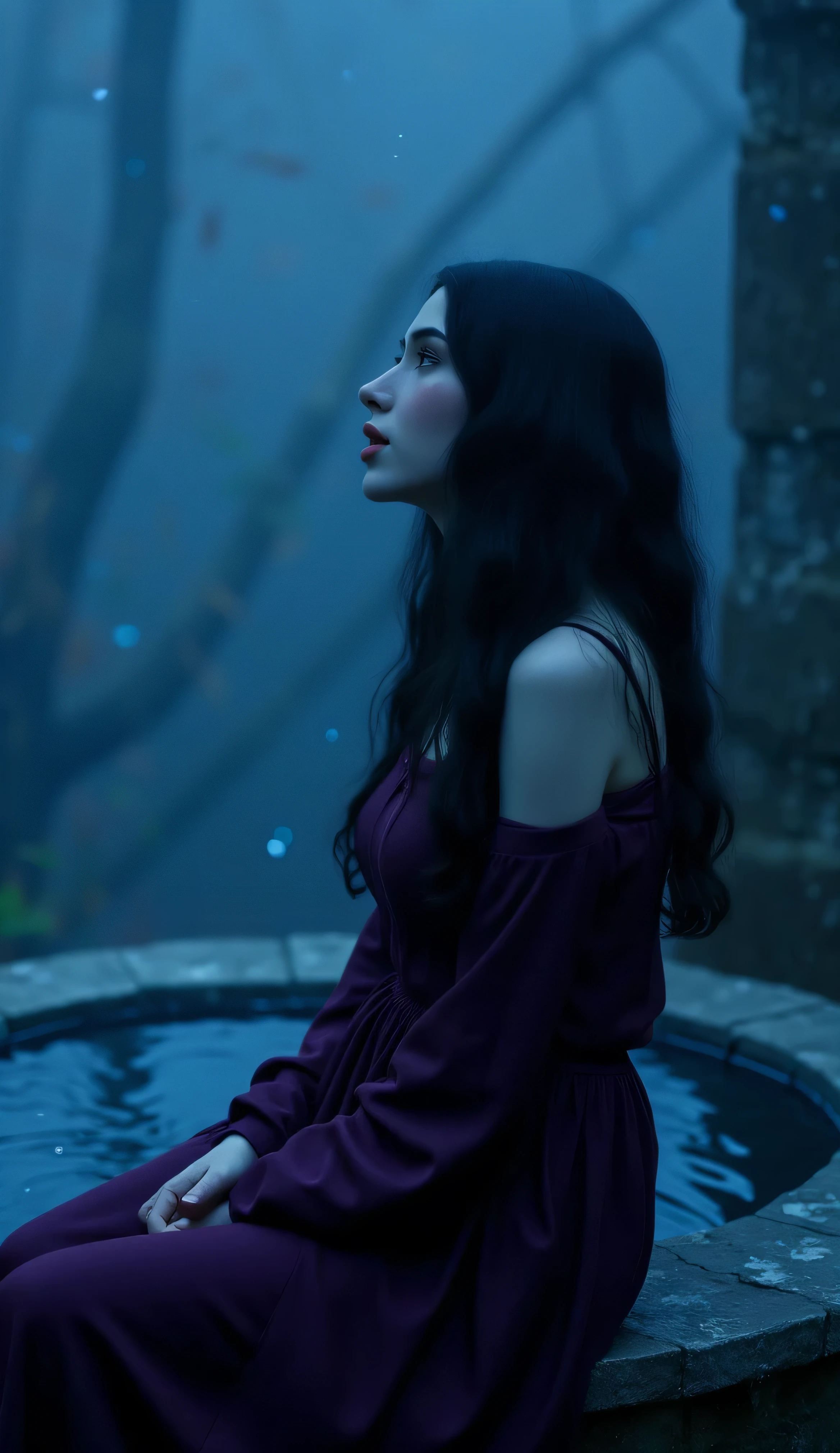 A full body side shot of a beautiful woman with dark wavy hairstyle, ((very pale skin)), looking up, sitting by a stone water well, dressed in deep imperial crimson purple, cinematic shot, cinematic composition, portrait, close up, thick mist, ((((deep dark sapphire blue color)))), at night, darkness, shadow, masterpiece, digitalart, painting, split complementary palette, muted, monochromatic, achromatic, (cinematic artistic composition), best quality, (ancient feel), philosophy, (flickers of floating glowing tiny blue particles), (((digital art style))), brushstrokes, artistic