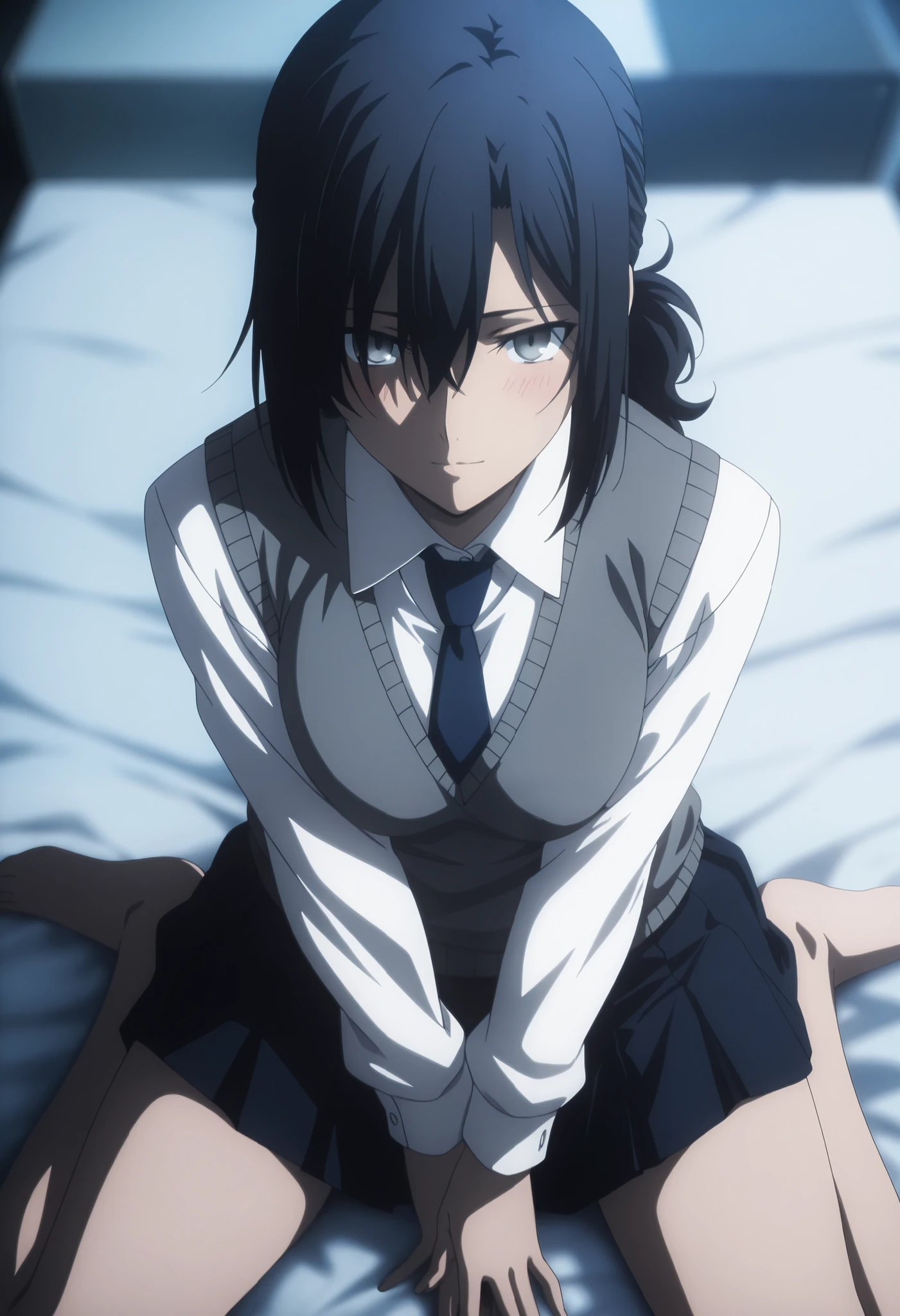 masterpiece, best quality, amazing quality, highres, absurdres, very aesthetic, high resolution, ultra detailed, perfect details, midnight,  , upper body, indoors, ufotable style,  ((blue hour)), (from above),
 
1girl, solo, ufotable style, anime style,  (anime coloring:1.5), (anime screencap:1.2) ,(aged up:1.4), 
   
girl, mature, slim body, slender body, ,Fate Grand Order, fate, Fate Grand Order, medium hair, (straight hair, low ponytail), light gray eyes, black hair, on bed, front open blazer, gray sweater vest,  in white shirt,  dark blue necktie , long pleated skirt, (small breast),  looking at viewer, ((wariza, arms between legs)) , expressionless, embarrassed, blush, light smile, 
