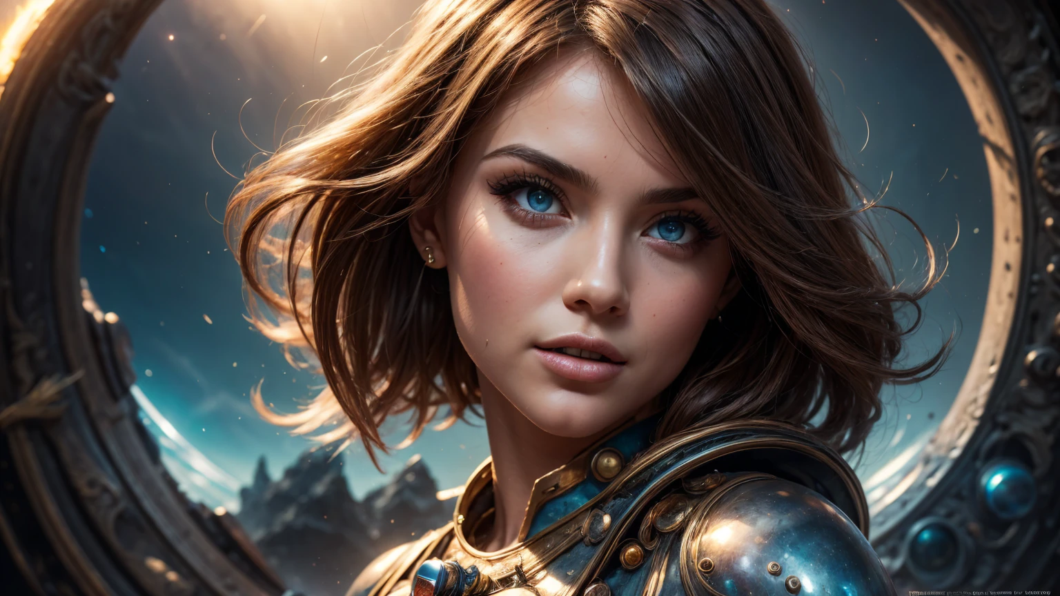 high resolution, pale skin, freckled, brunette ,1teen, with blue eyes, blushing cheeks, wavy hair, smiling, naked, as a fantasy warrior, sexy armor , photorealistic , 8K ,HDR