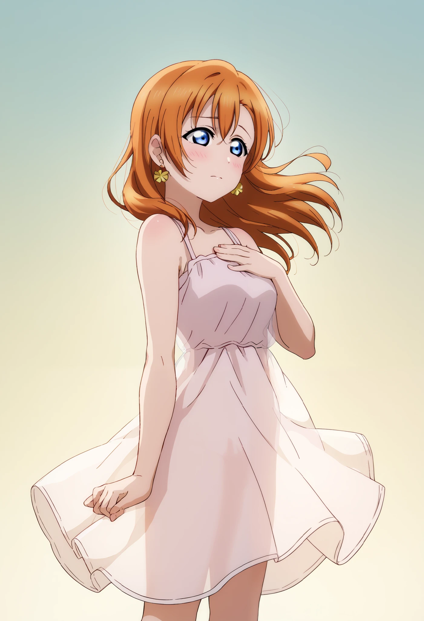 anime style, love live,kousaka honoka , love live, blue eyes, orange hair,earrings, (blushing) , standing, from side, gentle expression, yellow see through summer dress,dawn,see-through silhouette, naked dress,hand on chest,wind,dress flowing backward