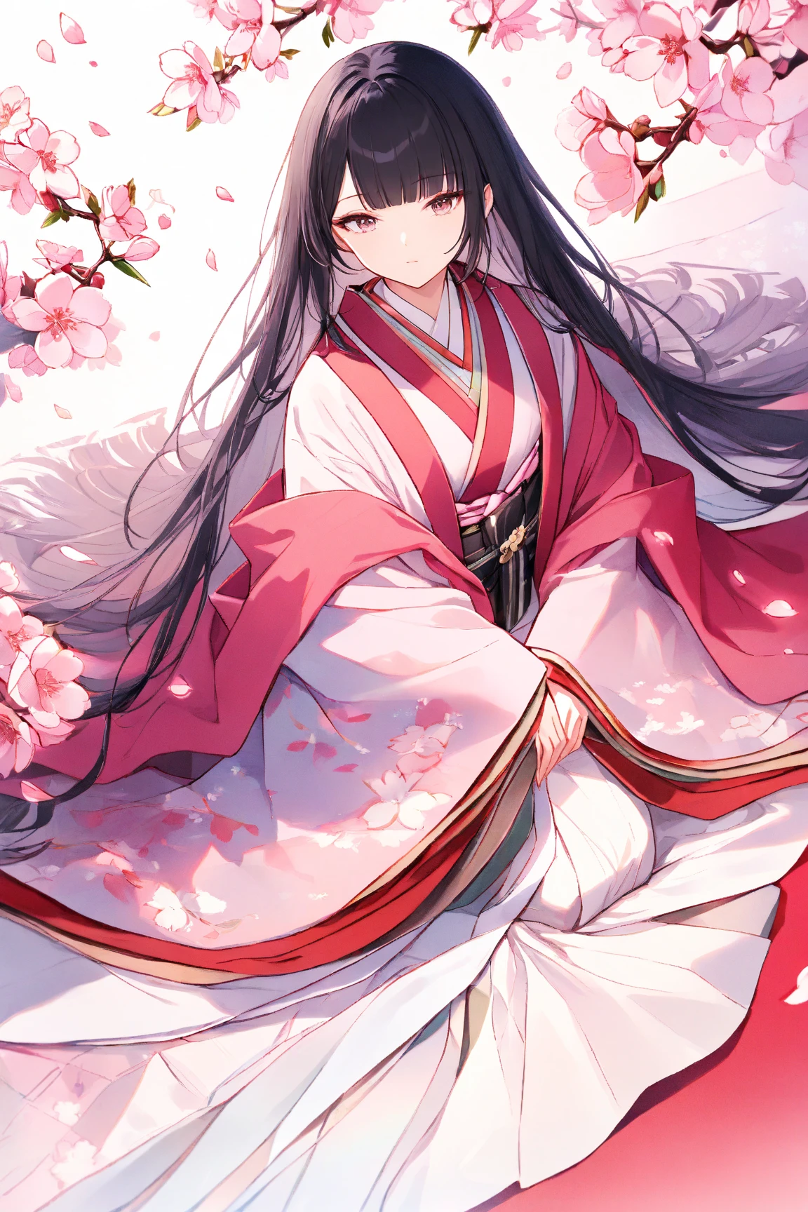 (masterpiece:1.2), (best quality:1.2), (very aesthetic:1.2), (absurdres:1.2), ultra-detailed,extremely detailed,beautiful,extremely detailed CG,ultra detailed background, 8k,16k,perfect hair, perfect fingers,
BREAK,
a girl's doll,(solo),beautiful,expressionless, mouth closed, (blunt bangs), black hair,long hair, blunt ends,((forehead)), black eyes,(pink kimono with floral pattern),((dark red haori with floral pattern)),smiling,((peach blossom)),full body, seiza
BREAK,((white background)),flat style,spring atmosphere,pink pastel colors,(Hinamatsuri:1.5),
, peach blossom,red carpet,peach blossoms petals,small juni hitoe dolls background,dynamic angle, hirabitai