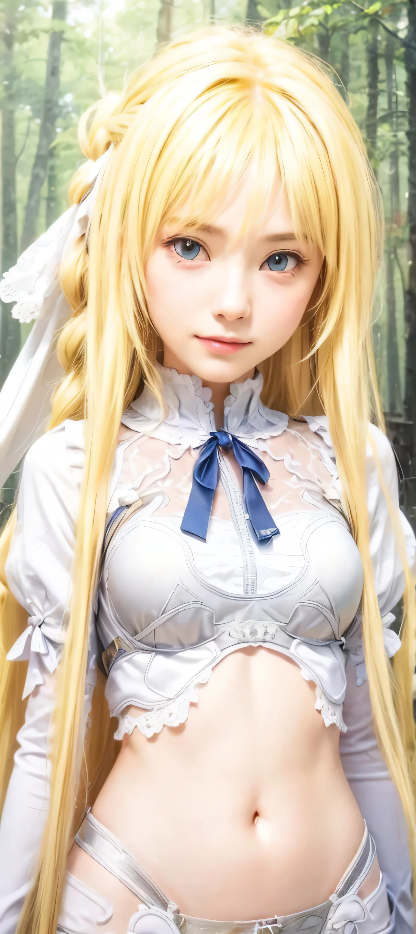 masterpiece, best quality, (realistic,photo-realistic:1.4), (RAW photo:1.2), extremely detailed CG unity 8k wallpaper, delicate and beautiful, amazing,finely detail, official art, absurdres, incredibly absurdres, huge filesize, ultra-detailed,extremely detailed eyes and face,light on face,alice zuberg,(little smile),(blonde hair:1.4),(long hair:1.4),(white armor:1.5),(forest background:1.5),(hair ribbon:1.2),navel