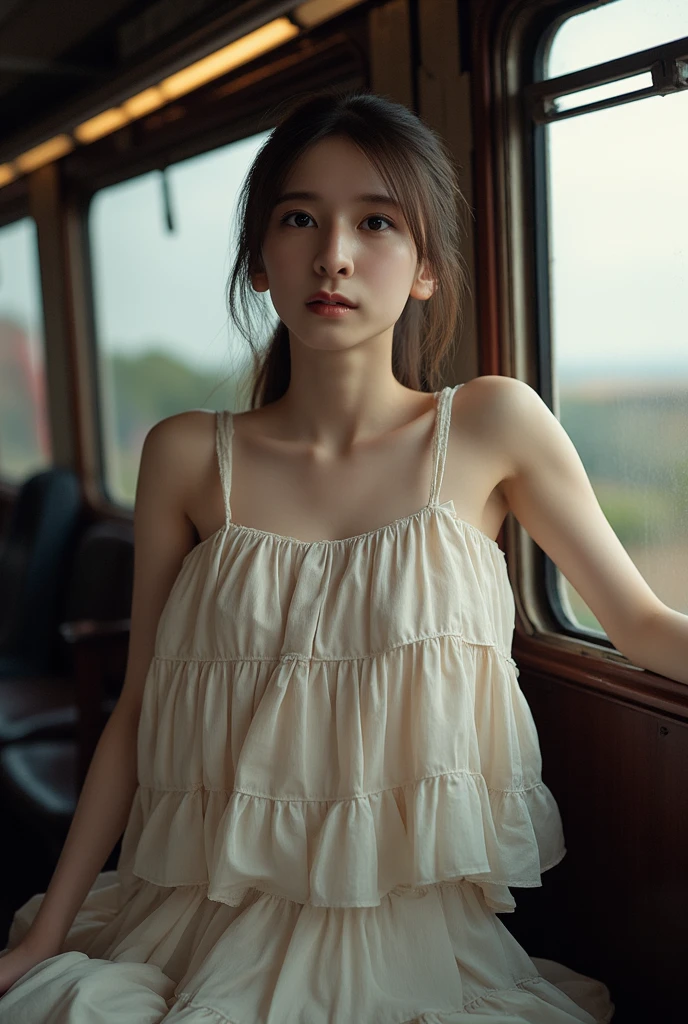 (masterpiece, Highest quality, 8K, RAW Photos, beautifully、beautiful:1.2), Intricate details, indirect lighting, Realistic,
whole body, Sitting on a chair on the train、Gazing at the audience、Voyeur、
Square neck button-down linen sundress, (Ultra-realistic pantyhose)、
Women's training , Chair to sit under skirt,