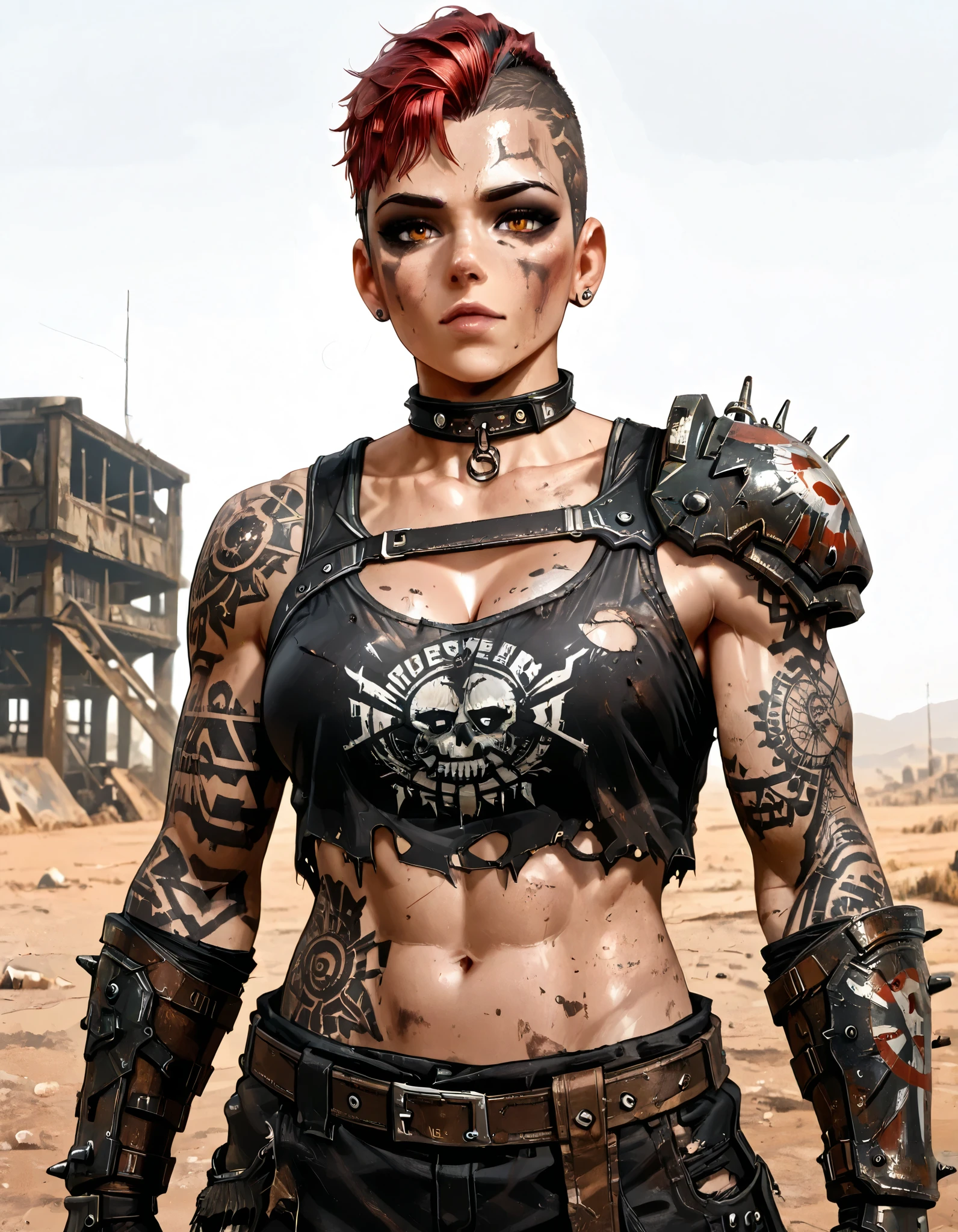 (((whole body))), master part, best quality , super detail beautiful woman, whole body, redhead Asymmetric Undercut Haircut hair, punk girl, post-apocalyptic world, torn and dirty clothes, Asymmetric Undercut Haircut, sides of shaved head, Clean face with dark make-up, black tribal tattoos on body, raider outfit from fallout, raider girl, piercing, black face paint, makeup, shirt, midriff, collar, armor, collarbone, gauntlets, bare shoulders, single pauldron, (underboob:0.7), standing, cleavage, looking at viewer, flexing, from below, outdoors, wasteland, Toned raider girl, amber eyes, raider attire, raider girl from fallout, dark make-up, black tribal tattoos