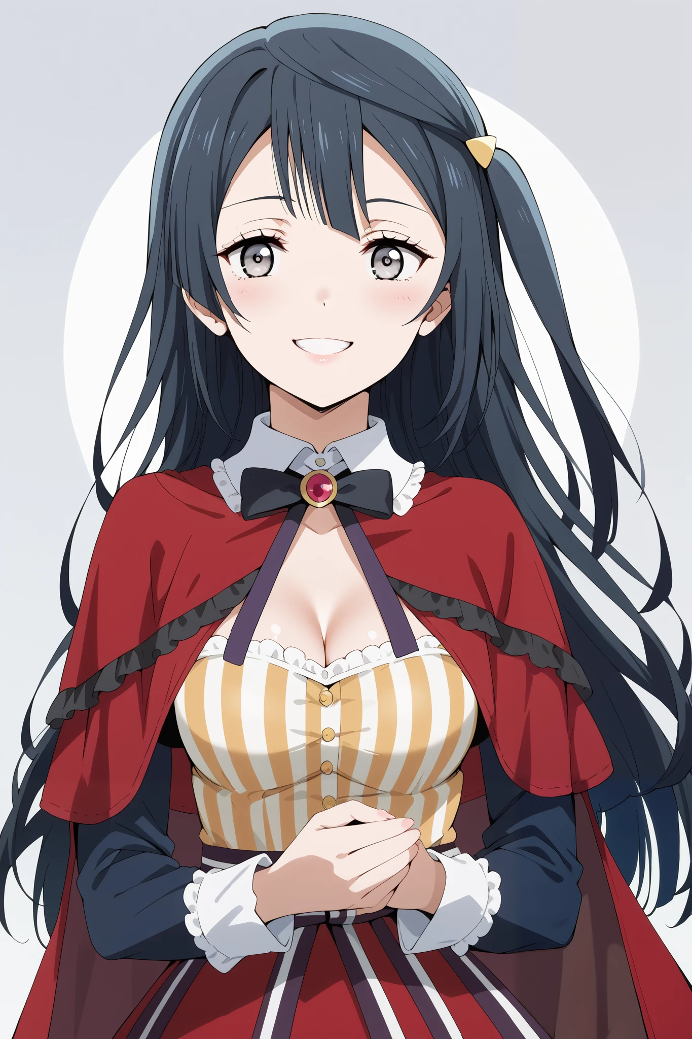 score_9, score_8_up, score_7_up, source_anime, 4K,perfect fingers,(perfect hands, perfect anatomy),prefect lighting, very aesthetic, intricate details,highly detailed background, masterpiece, high quality, best quality,
1girl, setsuna yuuki, yuuki setsuna (love live!), long hair, bangs, black hair, sidelocks, grey eyes, one side up, hair ornament, Large Breast,,
wearing ((detached collar,capelet, cleavage, )),,
((white plain background)), front view, looking at viewer, excited, seductive look, seductive smile,