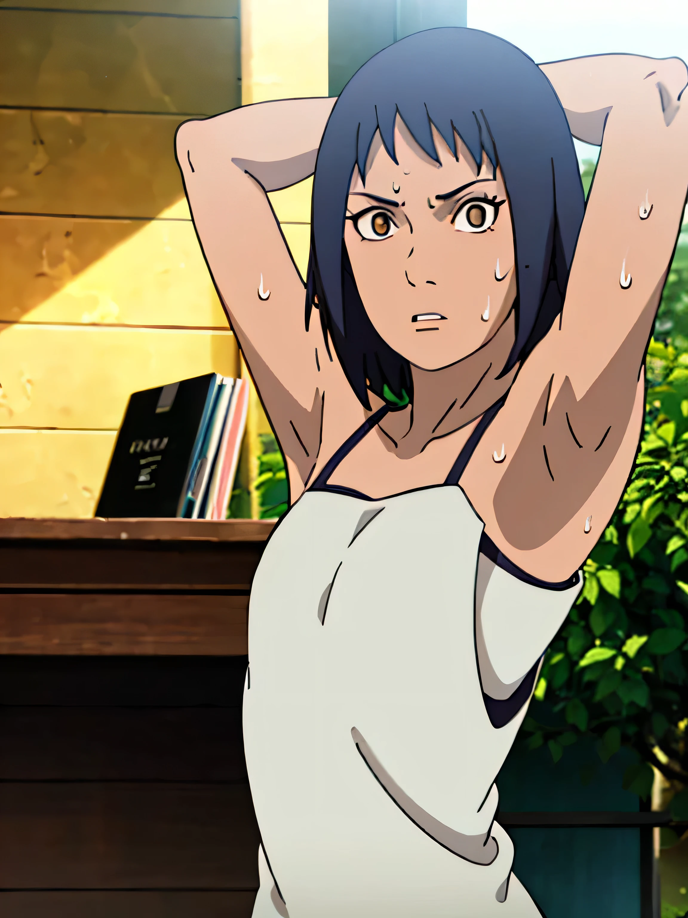 Fuu,sweat,sweaty,armpits,arms up,showing armpits,arms behind head,awesome armpits,sweaty armpits,arms raised, tired,exhausted