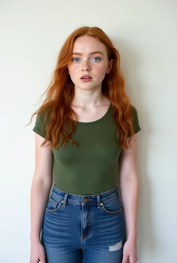 Irish red head girl, pale skin, dressed, lifting one arm and showing hairy armpit, hairy armpit