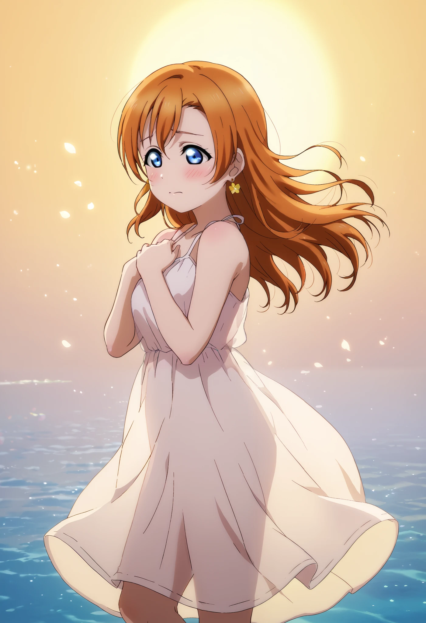 anime style, love live,kousaka honoka , love live, blue eyes, orange hair,earrings, (blushing) , standing, from side, gentle expression, yellow see through summer dress,dawn,see-through silhouette, naked dress,hands on chest,wind,dress flowing backward, sun