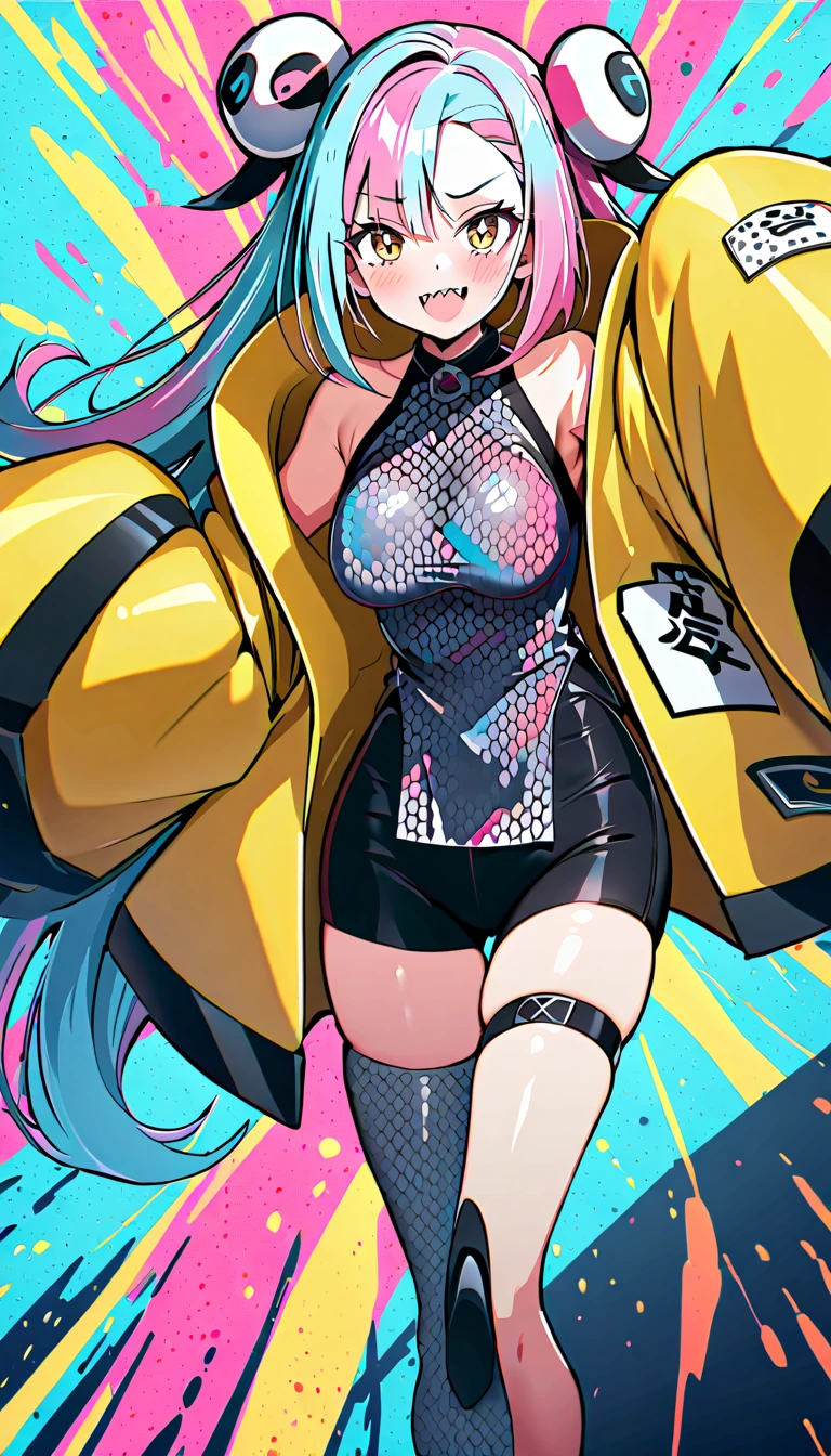 background, mixed-language_text, Japanese letters in graffit, ashley alexiss beautiful woman, long blonde hair, excellent lighting, sidelighting, perfect ultimate (flat color pink bubblegum gradient: 1.3), (magazine_cover: 1.4), (multicolored_background: 1.3), striped_background, card_background, :: discs with sharp and shiny blades in hand :: circular pieces of white metals glued to the ultra detailed arms coming out sparkling glow, black star design stamped in the middle of the shirt, perfect and detailed sculptural body, ultra detailed shirt with abstract design and with Japanese letter print in grafit of the sides of the clothing, worn jeans, big breast, with immersive effects, hover effect, background graffiti style tribal tattoo with flowers and vibrant colors, "ultra" hdr detailed and with focus effect, (masterpiece: 1.2, best quality), (beautiful emerald yellow eyes with huge finely detailed eyelashes: 1.2), , ((Solo)), (Finely detailed eyes and detailed face:1.3),beautiful ultra-detailed eyes, lineart light smile, graffiti and tattoo style backdrop, woman, alone. midriff, skintight bodysuit with detailed tattoo-style print, ultra-detailed red gradient leather jacket, hot thighs, black skintight pants with ultra-detailed white and pink detailing, large breasts, ultra-detailed bracelets on arms, mid-length earrings, black finger gloves outside, bracelet on right arm with ultra bright red energy