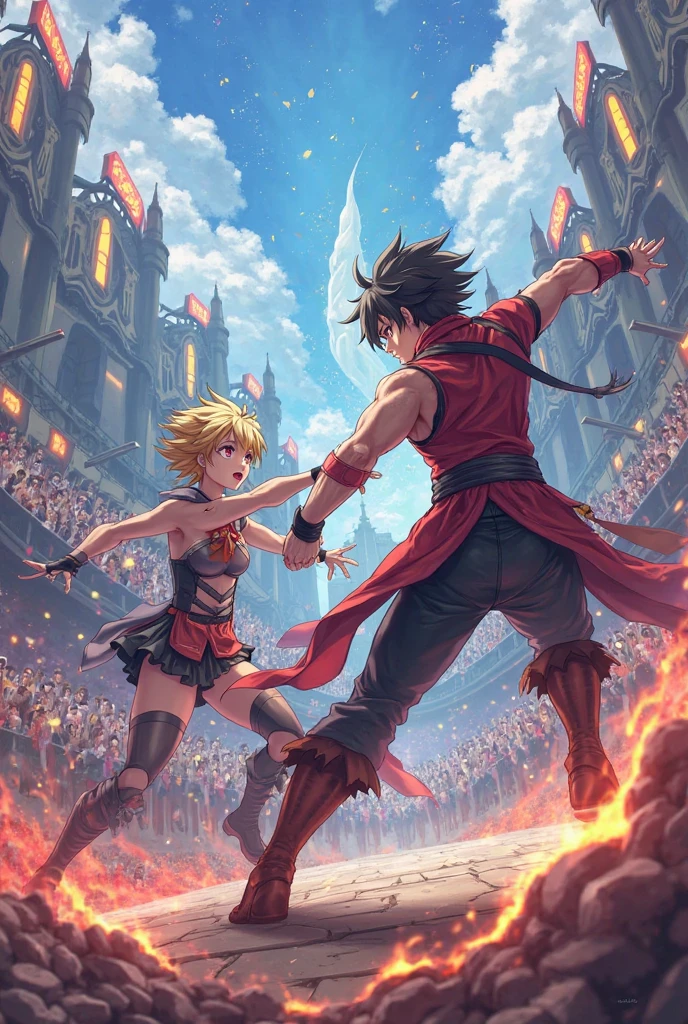 cena de luta anime menino contra menina. luta de espadas.