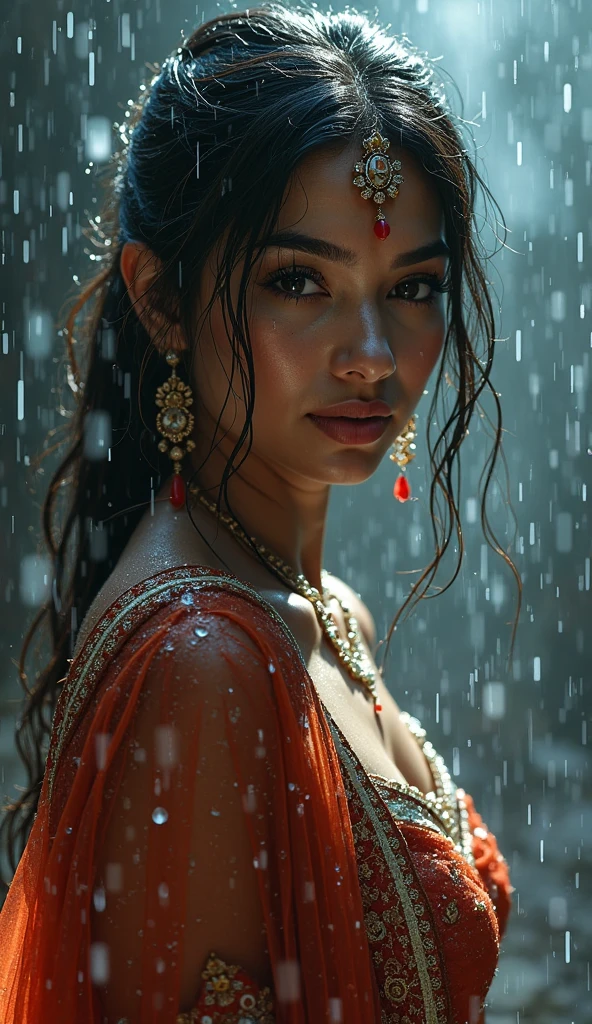 ((Best Quality, 8K, Masterpiece: 1.3)), Sharp: 1.2, Perfect Body Beauty: 1.4, Slim Abs: 1.2, ((Layered Hairstyle, Big Breasts: 1.2)), (Wet White Button Long Shirt: 1.1), (Rain, Street: 1.2), Wet: 1.5, Highly detailed face and skin texture, detailed eyes, double eyelids, side face looking at the camera indian girl
