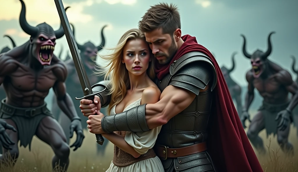 Medieval warrior  with eagle at his shoulder and Medieval military gear wielding his mighty sword with a beautiful mistress
