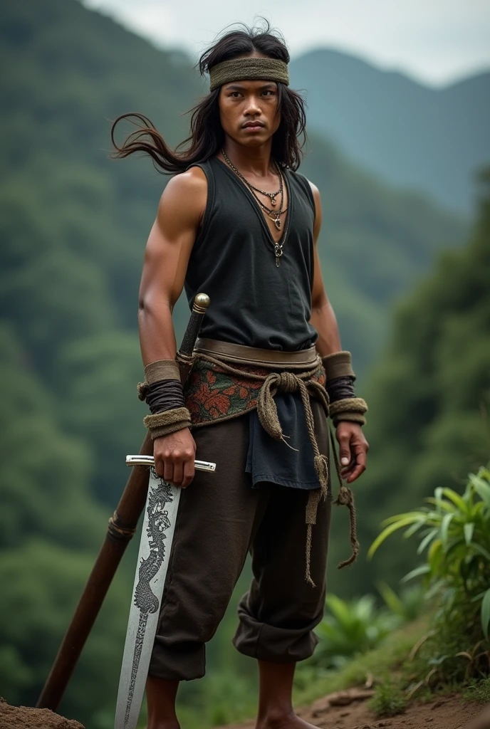 Best image quality, threaten, Holding a spear, primitive, Spread your legs, Primary forest, In underwear, ""Primitive clothing"", male, Black Hair, paint