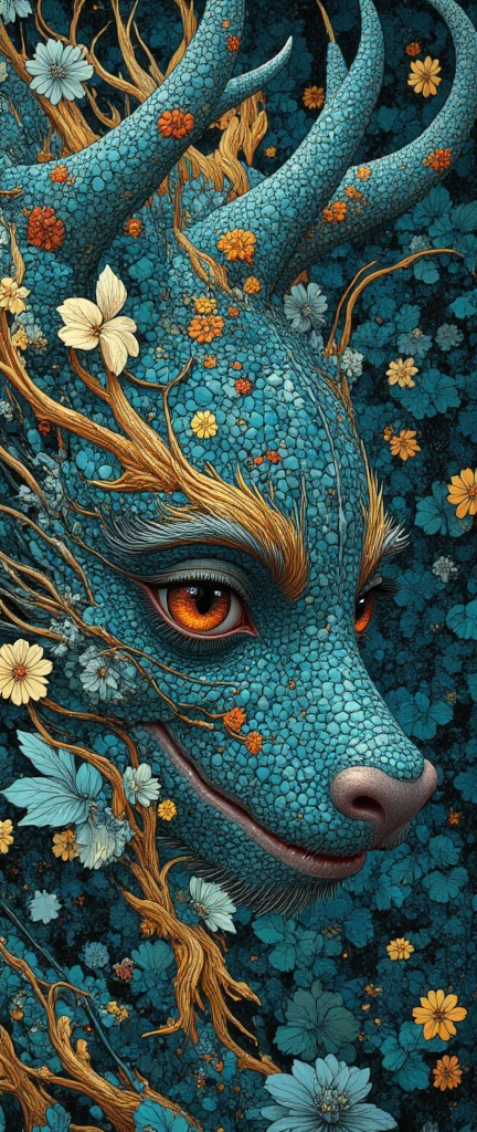 The eye of a dragon looking out of a dense thicket. Narrow pupil. Stylization. Intricate details, bright colors, surreal art, fantasy, digital painting, high detail, spectacular lighting, Art Nouveau elements, ornament, leaves, blue and gold accents, mysterious, elegant style of Ingerian art.