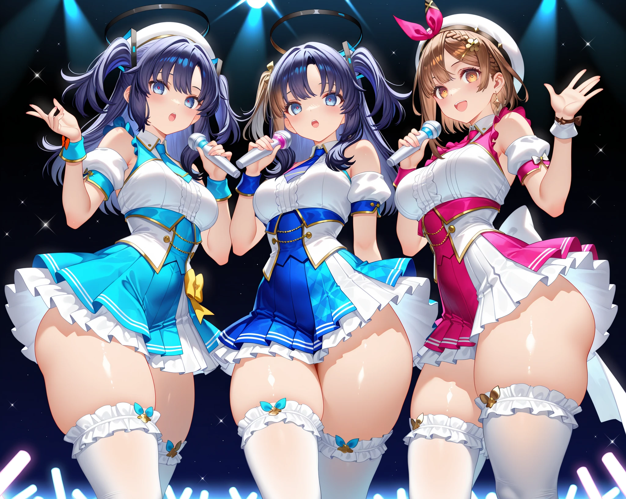 ((masterpiece、Highest quality、Official Art、Unity 8kwallpaper))、snap shot、Idol Concert、Concert Stage、(3 to 5 cute naked girls、、smile、Sing with a microphone、dance、Ribbon headband、Ultra mini skirt:1.2、Idol Costumes:1.2 )、Exposing the breasts、Hair of different colorr.々Hair style、(((Full nudity、Pussy、cute)))、(Sweat a lot、Glowing Skin)、Anime key visual, ((The characters are unique))