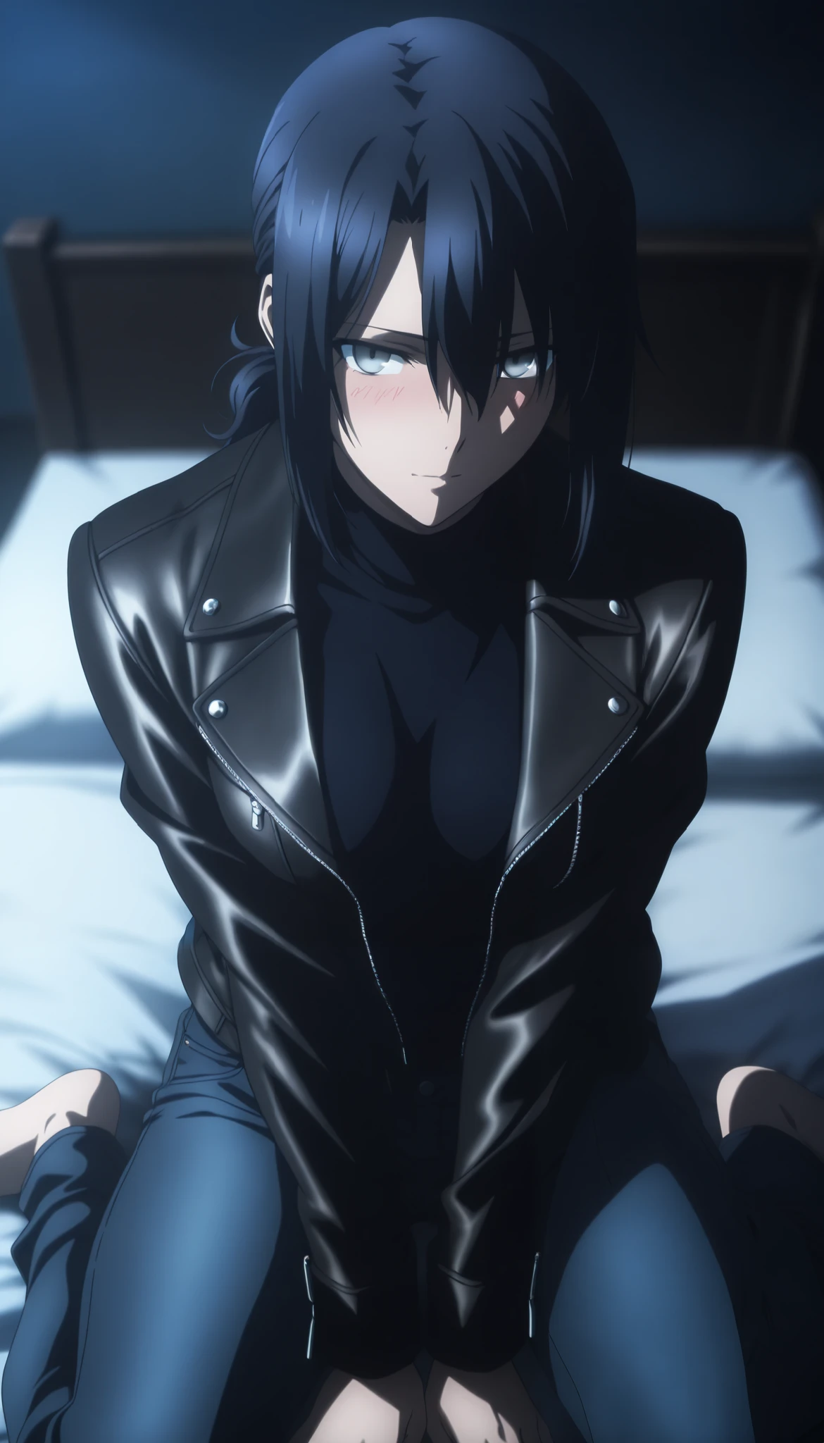 masterpiece, best quality, amazing quality, highres, absurdres, very aesthetic, high resolution, ultra detailed, perfect details, midnight, , upper body, indoors, ufotable style, ((blue hour)), (from above),
1girl, solo, ufotable style, anime style, (anime coloring:1.5), (anime screencap:1.2) ,(aged up:1.4),
girl, mature, slim body, slender body, ,Fate Grand Order, fate, Fate Grand Order, medium hair, (straight hair, low ponytail), light gray eyes, black hair, on bed, (leather jacket), in black turtleneck sweater ,black cropped sweater, ,denim pants, (small breast), looking at viewer, ((wariza, arms between legs)) , expressionless, embarrassed, blush, light smile,