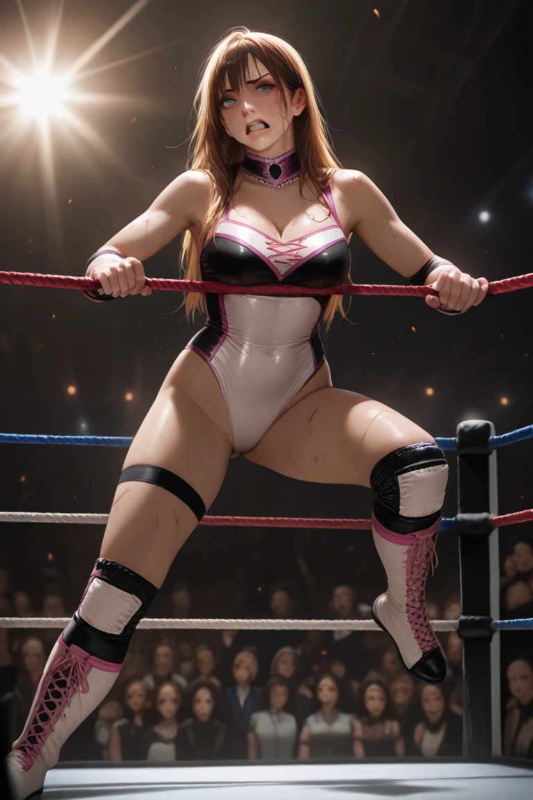 (best quality,4k,8k,highres,masterpiece:1.2),ultra-detailed, Woman in a bikini posed standing in a wrestling ring, bright shiny lingerie, suit under clothes!, metal bikini, dressed in belts bikini, shiny plastic bikini, surfer model, gogo boots, ready for combat, HDR, 8k, absurdres, cinestill 800, sharp focus, add_detail:3 (solo woman)
