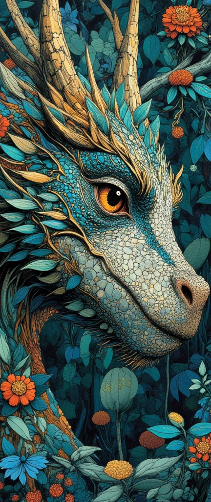 The eye of a dragon looking out of a dense thicket. Narrow pupil. Stylization. Intricate details, bright colors, surreal art, fantasy, digital painting, high detail, spectacular lighting, Art Nouveau elements, ornament, leaves, blue and gold accents, mysterious, elegant style of Ingerian art.