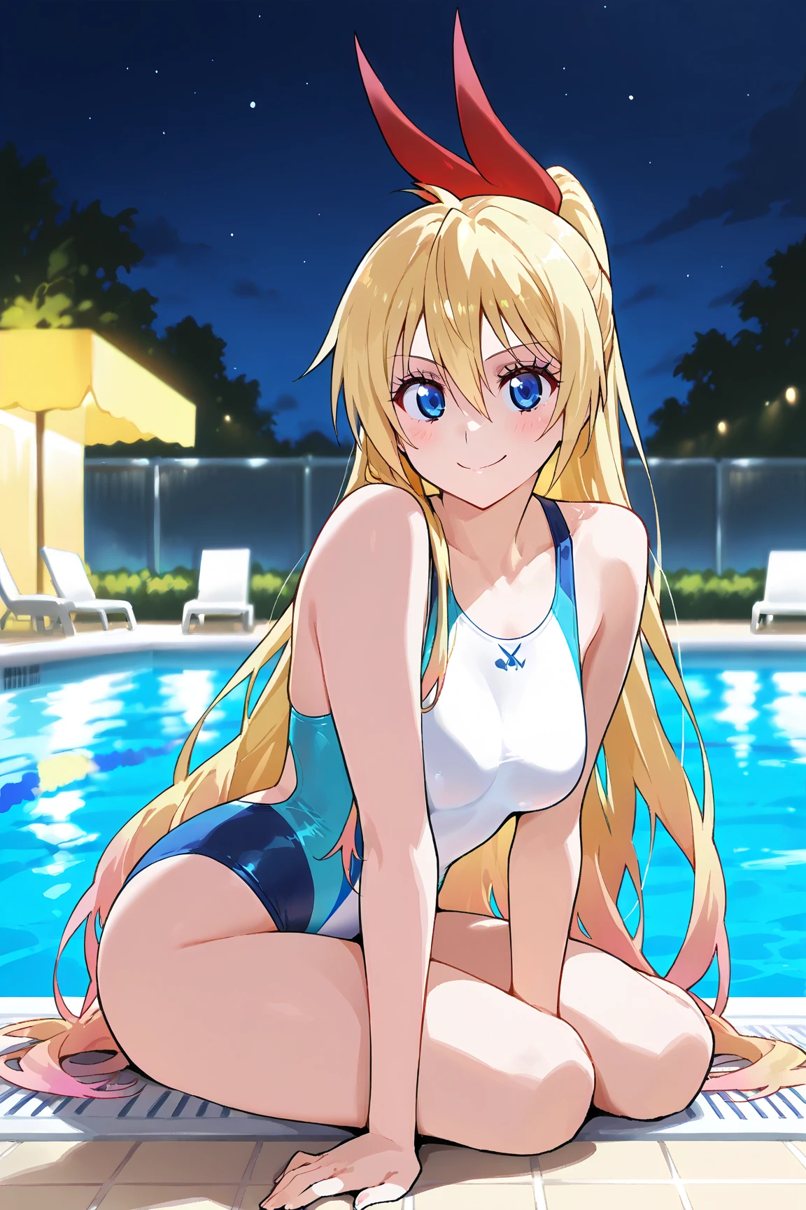 1girll,Masterpiece,illustration,(Best quality:1.4),Beautiful detailed eyes ,Very long hair,crossed bangs,Blonde hair,Shiny hair ,aquamarine Eyes ,Smile ,(Large breasts:0.7) ,high-leg swimsuit,compete swimsuit,Moist,Sweat ,Swimming ,from the front side ,In the pool,Night,Starry sky,Neon light