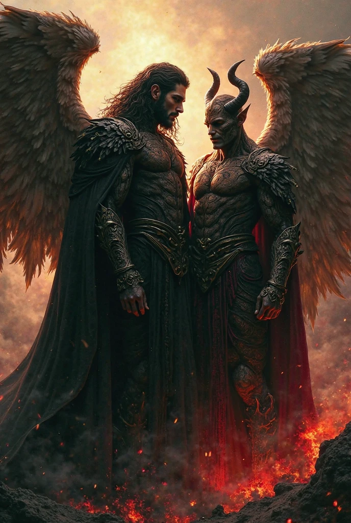Thanatos, the Greek god of death, described as a beautiful man, with black and gentle angel wings, next to Hades, the god and king of the underworld, jefe de Thanatos