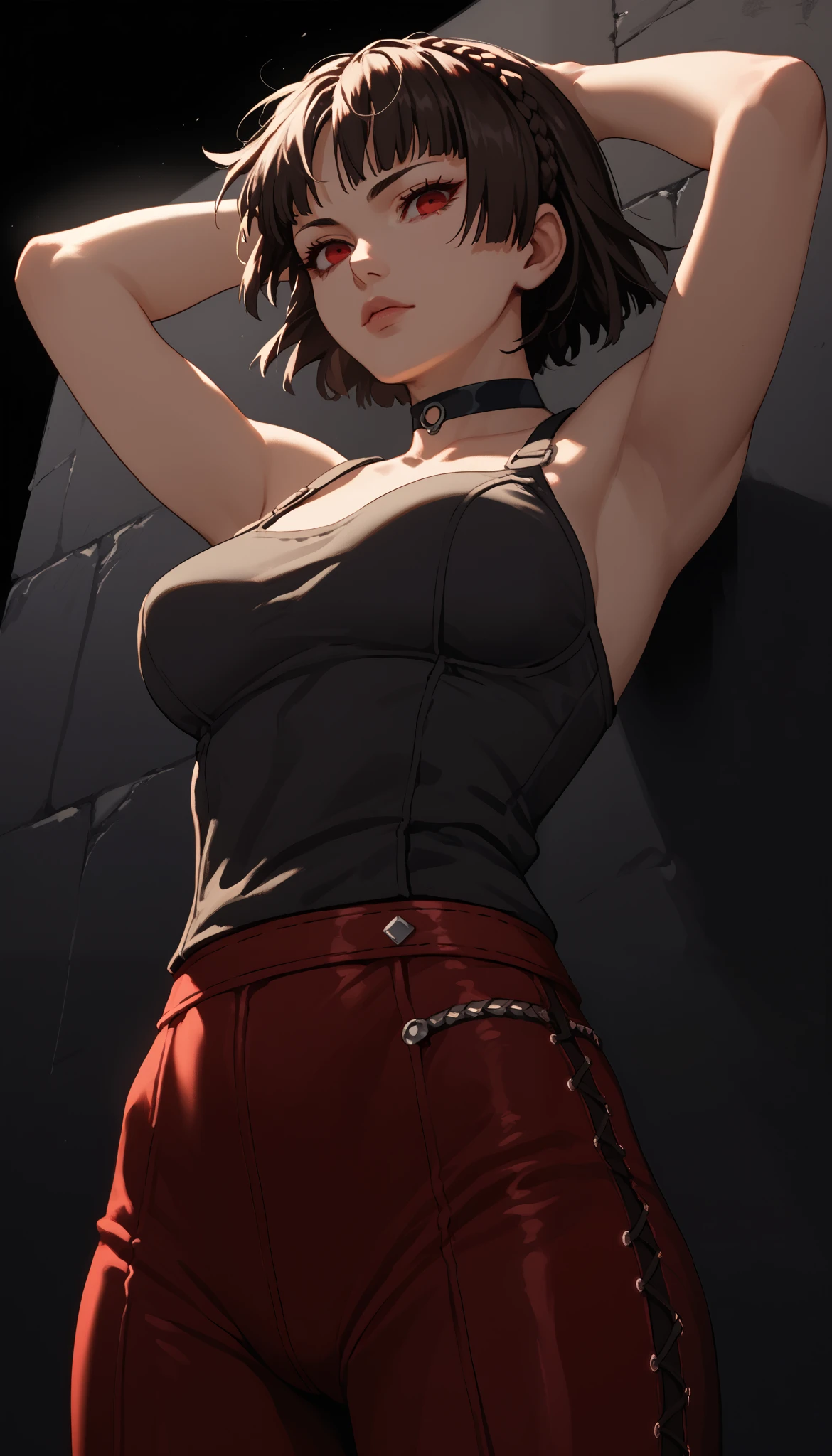 very realistic close up of a young woman posing against a graphic wall, Makoto niijima, seductive portrait, red eyes, short black hair,Street clothes,choker, minimal accessories, standing pose, arms raised behind her head, large round breasts, black background with soft neon indoor lighting, serene atmosphere, [low angle, sharp focus on the subject, well balanced lighting.