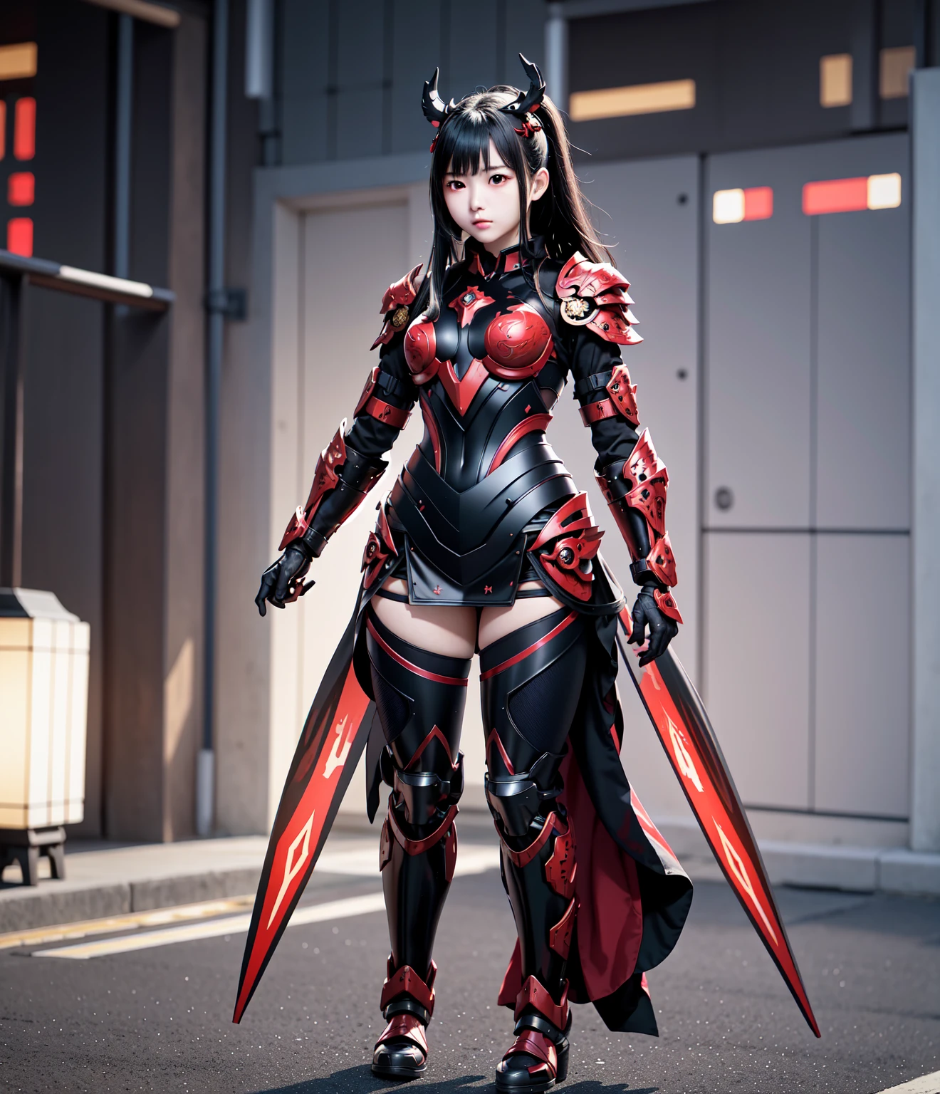 cat girl, cute, short hair, red eyes, black hair with white tips, big tits, adult, black armor