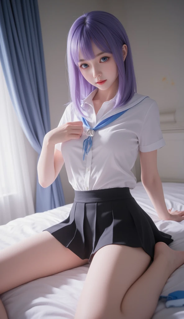 Shortcuts, Blunt bangs, White shirt, Black Skirt, One girl,alone,Hair Bun, Flashy Hair, Realistic, High resolution, 1 girl, Golden and pink and light blue hair, Colorful hair colors, Korean, Tokyo, Cowboy Shot,、((Sexual Panties:0.9))、((Spread your legs wide:1.5))、((Boyfriend and girlfriend having sex in missionary position:1.5))、((POV:1.5))、((Half breast exposed:0.9))
