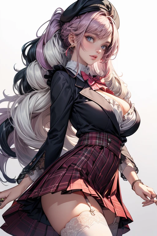 (cowboy shot: 1.5), (white background, simple background: 1.5), (masterpiece:1.5), (big breasts), 1 girl, young woman, (Beautiful Girl:1.5), (extremely detailed and delicate anime face and eyes:1.5), whole body, (natural light, HDR, extremely details CG:1.3), (dynamic posture:1.3), {correct body anatomy}, (wide hips:1.4), (perfect hands:1.3), single focus, toned body, Beautiful Lips, thick lips, {surreal}, {correct posture}, {minutes details}, {detailed body}, {detailed clothing}, {Bright Eyes}, (cleavage: 1.3), {accessories}, {sexy}, {solo}, sailor suits, (school sailor suit: 1.5), white sailor uniform, (sailor fuku: 1.3), zettai ryoiki, (navy blue pleated skirt: 1.3), Navy blue skirt, (black shirt: 1.5), (black long sleeves: 1.3), (navy blue sailor collar: 1.3), serafuku, (brown thighhighs: 1.5), ribbon, (green neckerchief: 1.3), green sailor tie, bracelets, white choker, dark brown heels shoes, (glasses: 1.5), earrings, (hairband, hair accessories: 1.5), necklace, (low tied long hair: 1.3), (two-tone hair: 1.5), (purple hair: 1.5), (lavender hair: 1.3), (lavender hair: 1.3), (sidelocks: 1.5), (hime cut, straight short bangs: 1.5), glowing hair, (pink eyes: 1.3),