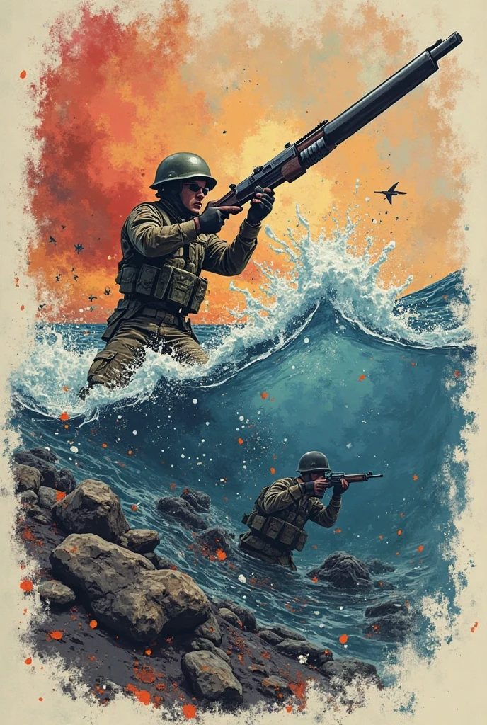 Sea, solo, the soldier fell on the sea, big splash, blood on the sea