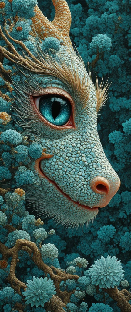 The eye of a dragon looking out of a dense thicket. Narrow pupil. Stylization. Intricate details, bright colors, surreal art, fantasy, digital painting, high detail, spectacular lighting, Art Nouveau elements, ornament, leaves, blue and gold accents, mysterious, elegant style of Ingerian art.