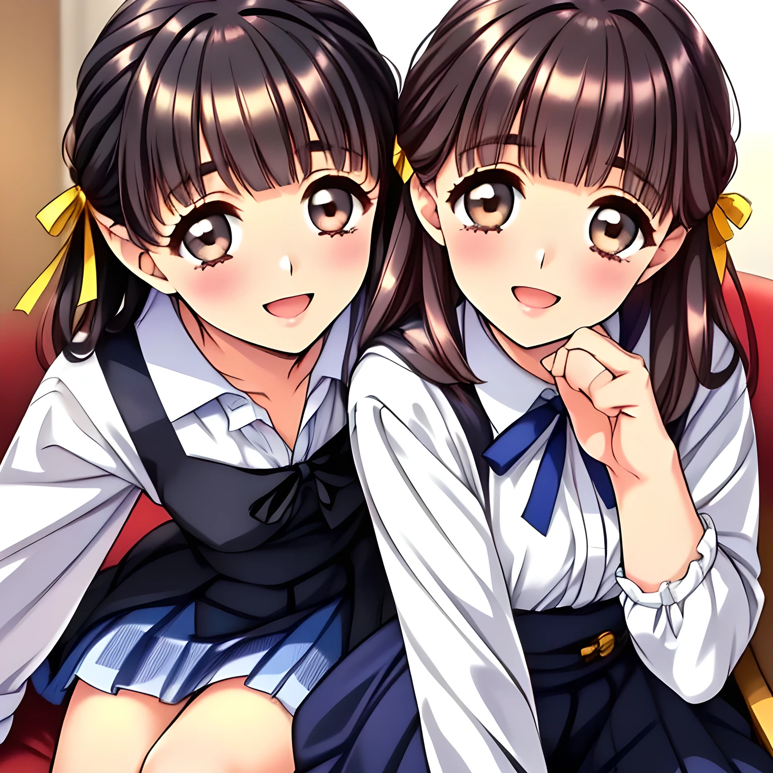 (highest quality, masterpiece:1.2), highest quality, High resolution, 1080p, 8K, (Two yo beautiful pretty succubi friends are seated in a train cabin, hypnotizing me by their neat beauty, ((laughing at me)), (looking me down), most beloved girl in Japan, (intelligent and perfectly balanced slender style), feeling too funny, amazingly neat & clean, in peace and neat lovely strong charm, cutely tilted head, 8), (Too noble beautiful lady like a love-story comic heroine), (laughing like watching a comedy), A very lovely, very noble, pretty and pure beautiful girls. ((Bursting out Laughing very elegantly)), ((white grown face)), Using expensive whitening cosmetics by cosmetics artist: 1.2), Glossy lips, (curled) bangs, (Too beautiful blue fascinating shiny (double-lidded) (brown eyes) with love to the viewer, ((deep upper girly eyelid)), ((huge eye pupils)), laughing with detailed clearly: 1.5), (Dark blue vest school uniform, (Neat smart (white school frilled blouse))): 1.8), (A very neat, ((realistic), (dark-blue) pleated blue school (beautifully checkered) skirt): 1.6), (too pretty shiny big (red realistic school ribbon tie)): 1.5), (Shiny love-story heroine lips, extremely laughing open mouth: 1.0), ((amazingly beautiful black hair: 1.5)), (Hair Ribbon ties (black hair), The ribbon is big and very pretty), (Tight waist, slender: 1.5), (The background is (plain black space ) to emphasize her fascination: 1.8), (The lady knows well about the viewer's super fetishism for school uniforms, and satisfies it completely in the viewer's lewd dream: 1.7), (In a train limited for beautiful girls bound for girl's school directly early in the morning: 1.5), (Show your prettiest expression!!: 1.5), (Everything is organized to have strong effect of hypnosis for the viewer to fall into happy dream with many beautiful girls: 1.5), (The viewer is transferred to the world of the beautiful succubi right now when he sees the eyes of girls in this picture: 1.7)