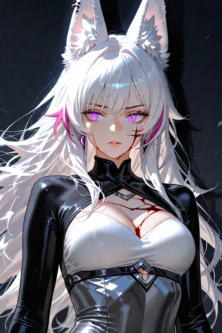 Masterpiece, very detailed, ultra detailed, one, (1 woman), she is in a black detailed dress with a purple flower on the dress and in an elegant position, super mature, tall, milf style, mature mother, super long hair, bright white hair, super white hair and tied hair, white demonic horns, beautiful, charming, bright blood-red eyes of reptile eyes, reptile eyes, super red eyes, bright eyes, elegant, big breasts (huge), neutral face, cold-blooded face, charming, bright background, valiant atmosphere, against the background of flame and fire.