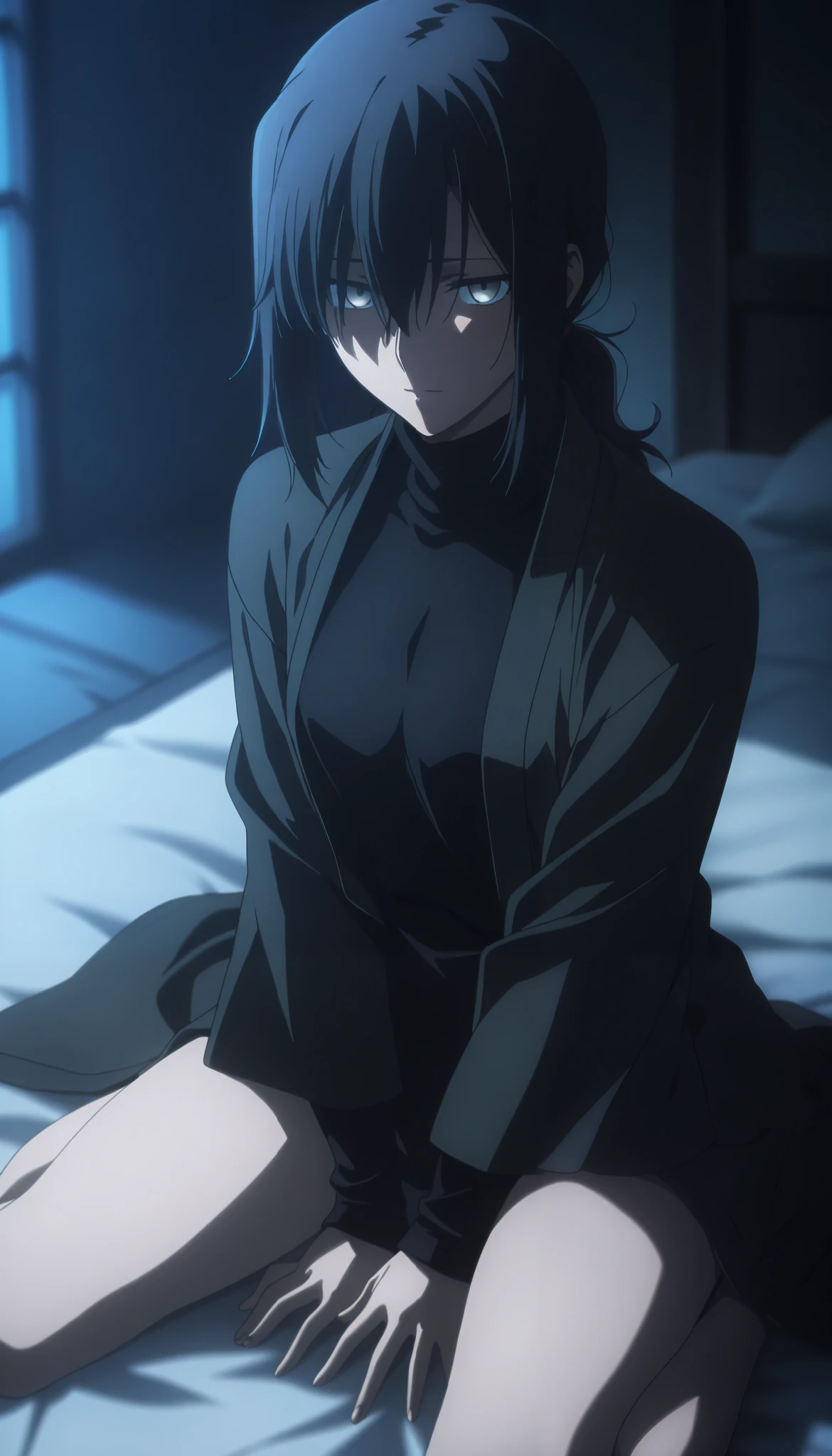 masterpiece, best quality, amazing quality, highres, absurdres, very aesthetic, high resolution, ultra detailed, perfect details, midnight, , upper body, indoors, ufotable style, ((blue hour)), (from above),
1girl, solo, ufotable style, anime style, (anime coloring:1.5), (anime screencap:1.2) ,(aged up:1.4),
girl, mature, slim body, slender body, ,Fate Grand Order, fate, Fate Grand Order, medium hair, (straight hair, low ponytail), light gray eyes, black hair, on bed, (black haori, dark green japanese clothes), in black turtleneck sweater , ((small breast)), looking at viewer, ((wariza, arms between legs)) , expressionless, embarrassed, blush, light smile,