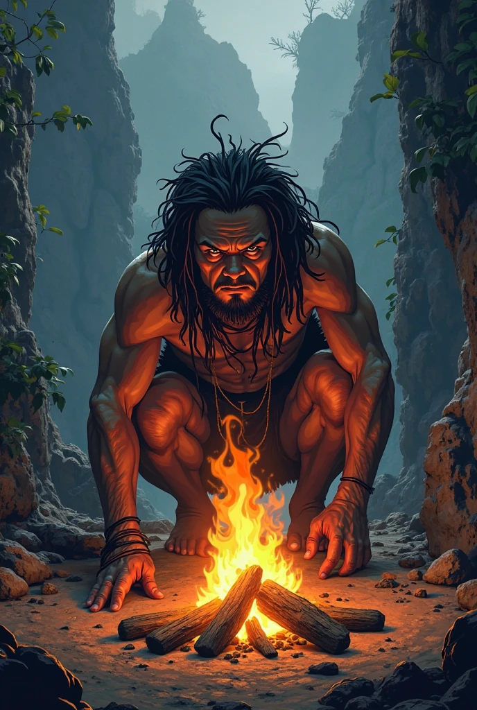 A primitive shaman performing a ritual around a fire, surrounded by symbols of nature such as trees and animals.
animated cartoon