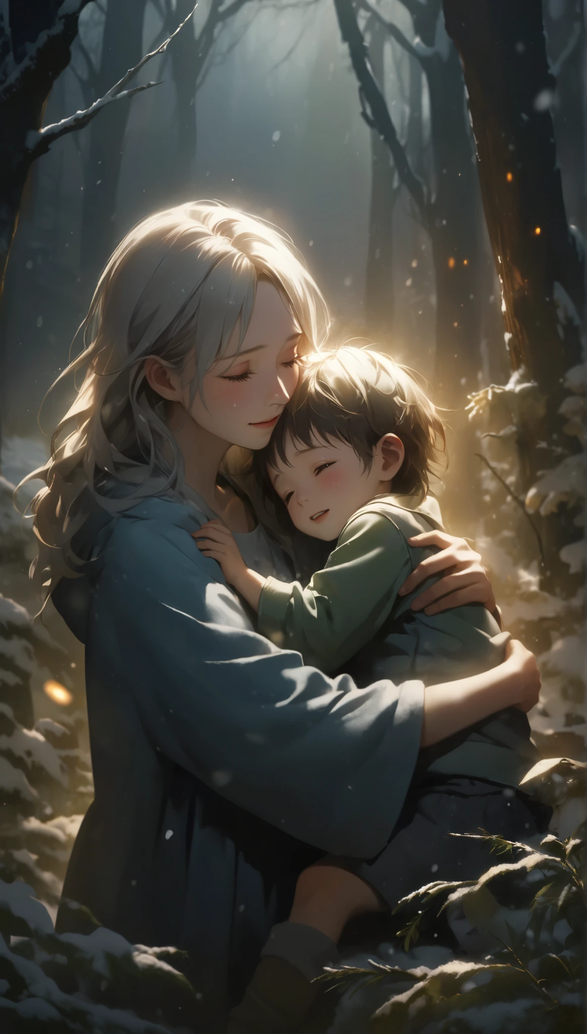 Extreme Resolution, illustration, Warm embrace, An Exhausted Mother Hugs Her Son Strongly , Relief Overflowing from a Sense of Loss , Miraculous Rescue Drama , My son who got frostbitten is shedding tears from joy, Cold appearance , Revived Happiness , Dramatic Resurrection , in a snowy landscape shrouded in darkness , dark winter background , A dramatic reunion, Hope Produced by Light Illuminating the Darkness , Please use the concept theme of happiness that has survived from despair, A Warm Scene Where Viewers Shed Tears , Producing Light Expressing Impression , Aesthetics created by colorful transparent light, High color rendering transmittance spectrum, Realistic Fantasy, Artistic New World, ROUGH, BREAK The boy's face is red and swollen from frostbite , \ I wandered into a snowy mountain and was in distress , he sheds emotional tears at his reunion with his mother \, Soft light that blesses the warm bond between two people , super realism, BREAK Please create a frigid scene and 、 symmetrical warming bonds