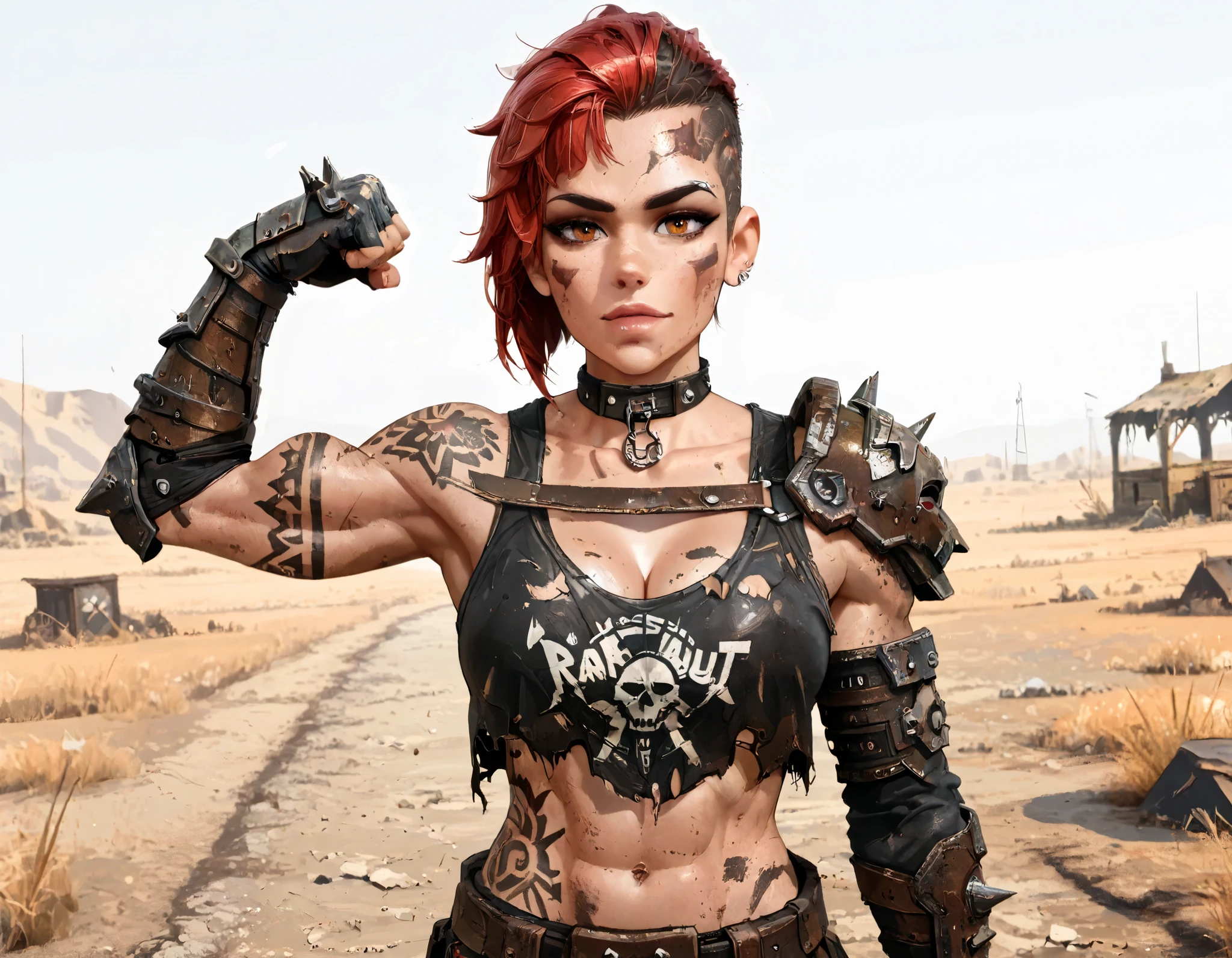(((whole body))), master part, best quality , super detail beautiful woman, whole body, redhead Asymmetric Undercut Haircut hair, redhead punk girl, post-apocalyptic world, torn and dirty clothes, Asymmetric Undercut Haircut, sides of shaved head, Clean face with dark make-up, black tribal tattoos on body, raider outfit from fallout, raider girl, piercing, face paint, makeup, shirt, midriff, collar, armor, collarbone, gauntlets, bare shoulders, single pauldron, (underboob:0.7), standing, cleavage, looking at viewer, flexing, from below, outdoors, wasteland, Toned raider girl, amber eyes, raider attire, raider girl from fallout, dark make-up, black tribal tattoos
