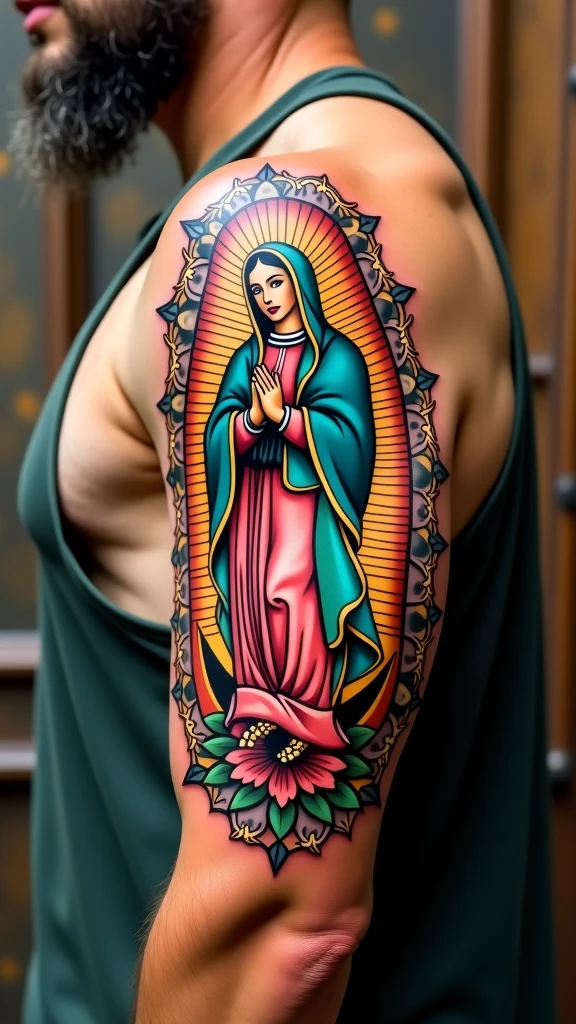 Back Tattoo, Tattoo of the Virgin Mary, beautiful face,