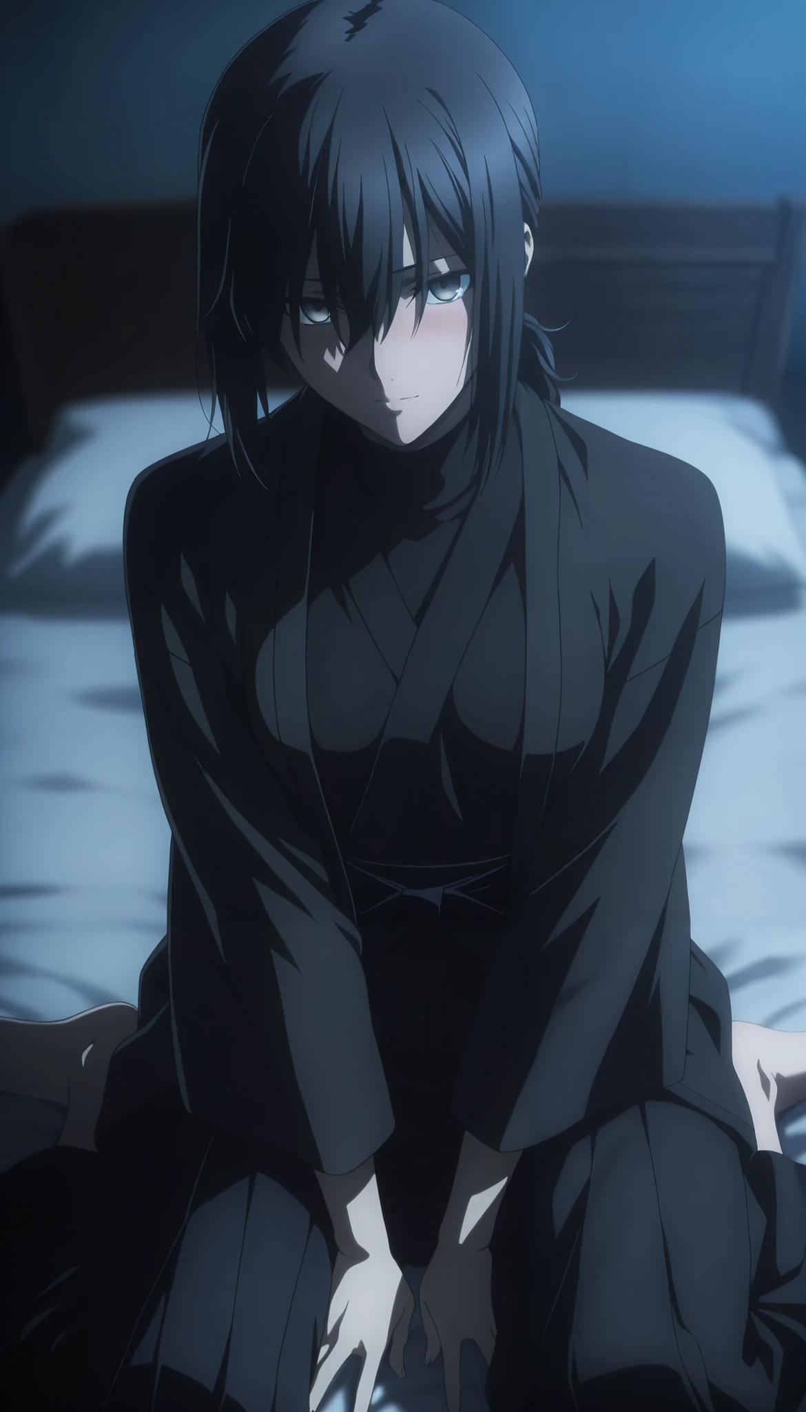 masterpiece, best quality, amazing quality, highres, absurdres, very aesthetic, high resolution, ultra detailed, perfect details, midnight, , upper body, indoors, ufotable style, ((blue hour)), (from above),
1girl, solo, ufotable style, anime style, (anime coloring:1.5), (anime screencap:1.2) ,(aged up:1.4),
girl, mature, slim body, slender body, ,Fate Grand Order, fate, Fate Grand Order, medium hair, (straight hair, low ponytail), light gray eyes, black hair, on bed, (black haori, dark green japanese clothes), in black turtleneck sweater , black hakama, ((small breast)), looking at viewer, ((wariza, arms between legs)) , expressionless, embarrassed, blush, light smile,