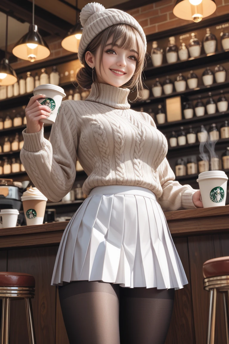 (Best Quality, Masterpiece, Photo realistic, Ultra Detailed, ultra high res, raw:1.3), (1girl, pretty), (smile), (knit, sweater), (breasts on tray, round tray), mini-skirt, cafe, bangs, big breasts,