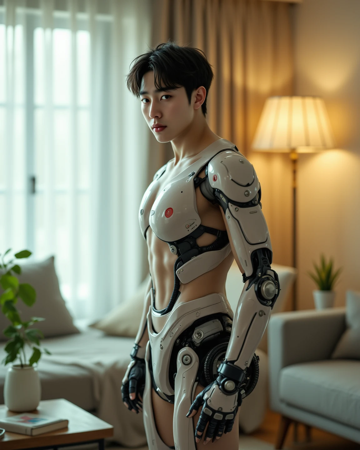 (masutepiece,High resolution,ultra - detailed:1.0),1(Boy,Robot Boy),Perfect male body,Look at the camera,Delicate eyes and delicate face,extremely details CG,Unity 8k wallpaper,intricate-detail,solo person,Detailed face, (Futuristic skin-perfect textured white bodysuit), Best Quality, hands visible, (White Gloves), Beautiful and delicate blue short hair:1.5 , full length shot(fls) , big thighs , big hips , insane details, hyper details , photorealistic , only male , handsome boy , fat buttock , puffy nipples , 16k resolution , ultra-high clarity , hyperrealism, uhd,. K-pop idol , whore , slutty whore , swollen nipples , defeat , grins ,thick thighs, thick booty. Fat buttocks , male , wide his , wide pelvis