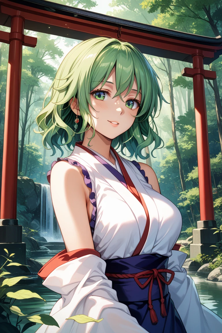 (detailed, masterpiece), 1 beautiful girl, alone, whole body, Facial beauty, Wide Hips, Sunburn, blonde, Long eyelashes, Curvy, Asymmetrical Hairstyles, Stylish hairstyle, Green Hair, Green Eyes, Green kimono, lack of sex appeal, No exposure,Do not expose thighs or breasts, whole bodyの肌を着物で隠す, Long kimono, Sense of luxury, Green theme, Japanese atmosphere, cool