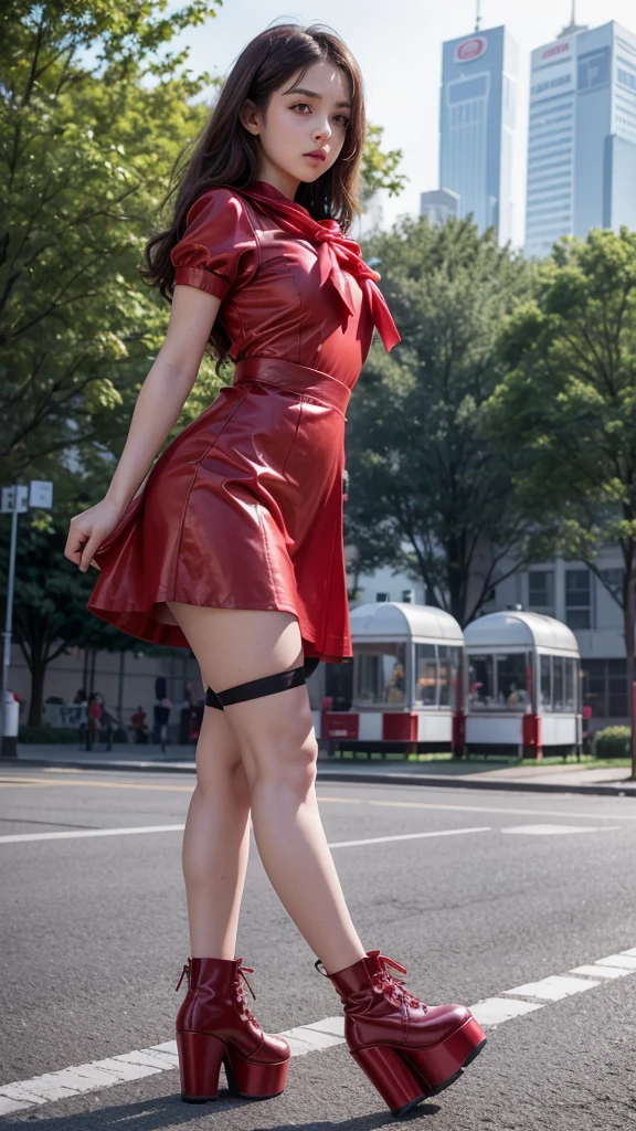 Sakura beautiful and tall short hair anime super realistic and well detailed standing outside, full body, ((wearing sakuras red dress with fishnet stockings and black sandals))
