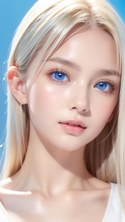 highest quality、masterpiece、ultra high resolution、(photorealistic:1.4)、very white beautiful girl、1 girl、shoulder、Charm、look at the camera、A very beautiful girl with very long blonde hair、Very beautiful bright and shining light blue big eyes、very big eyes、small face beautiful girl、Bright, young and beautiful skin as white as snow、cheek gloss highlight、long bangs between the eyes,