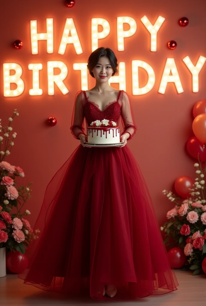 create hyperrealistic beautiful woman bit chubby wearing long offshoulder gown color (( red)) and sandal.STRAIGHT short black hair and smilling sitting the queen chair, ((holding a birthday cake)) with greatings gold black"((HAPPY 34TH BIRTHDAY "XIELMAY")).backround sorounding Birthday Party.