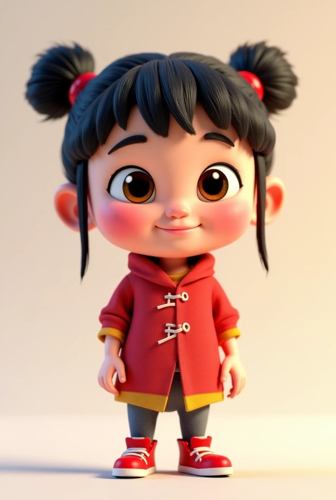 a , very cute, with green coat and tied hair