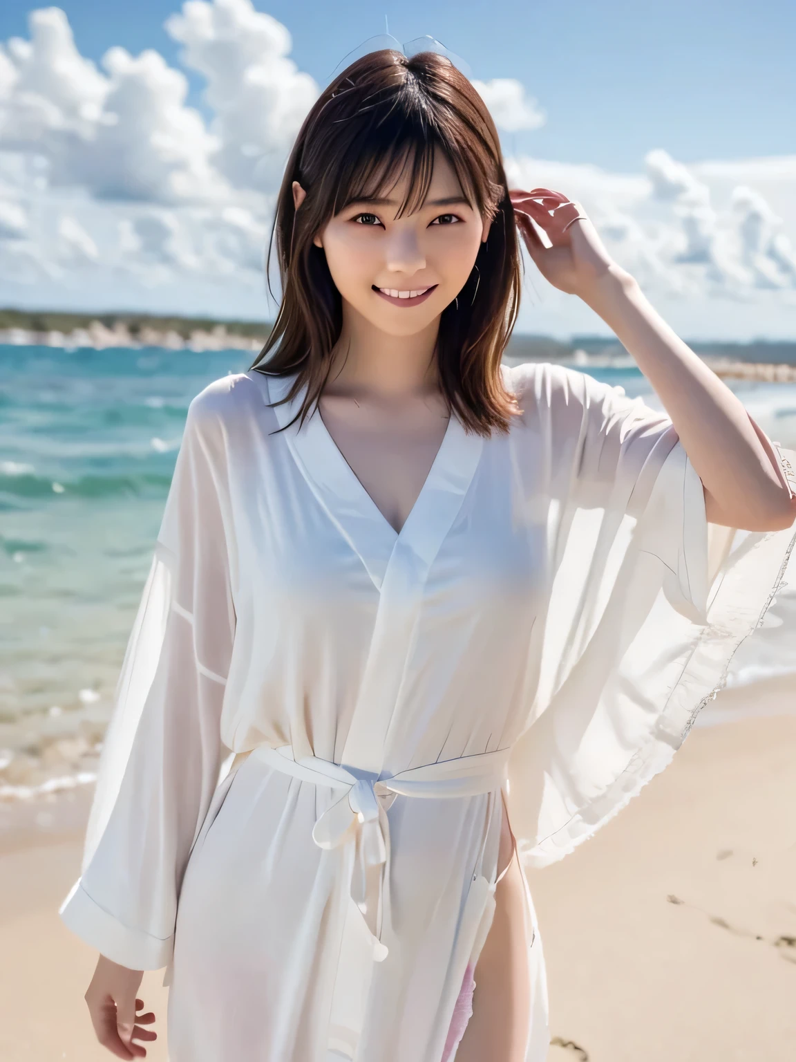 Greatest Masterpiece 、 Highest quality , super high definition、(1beautiful Japanese girls are standing at the edge of the waves wearing tight nightgown)、 rainbow heterochromia、(I'm wearing a bathrobe (White))、insanely cute、Big boobs、Your chest opens wide and you can see cleavage、I'm wearing a pink see-through camisole that's soft、saggy、Spilling Oops、My clothes are thin and my nipples can be seen through、Summer Sea、 summer beach、 Horizontal Line、Summer sky、 double eyelids、long lashes、Big round eyes、 rainbow heterochromia、 smiling softly